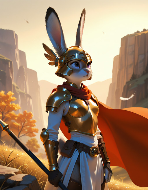 <lora:Utility_-_Detail_Enhancer_by_BSS_v3:0.75>, <lora:Utility_-_Visual_Enhancer_by_BSS:0.75>, <lora:Artist_Style_-_1o_O-o1_by_Tsuru_ILXL:0.25>, 1o_o-o1, <lora:Artist_Style_-_Hyperrealistic_ILXL:0.25>, hype4realistic, <lora:Artist_Style_-_Peter_Mohrbacher_by_Vixon_ILXL:0.25>, mohrbacher, <lora:Artist_Style_-_Style_by_Arcion_ILXL:0.25>, arctenox, (masterpiece, very aesthetic, very awa, newest, ultra-detailed, detailed textures, best quality, absurdres, 8k, correct anatomy:1), <lora:Character_-_Judy_Hopps_from_Zootopia_ILXL:0.7>,judyh112,purple eyes,rabbit girl,furry female,rabbit girl,short tail,grey fur,white fur,body fur,small breasts,,
1girl,fantasy female warrior,valkyrie,ancient armor,golden ornate helmet,winged helmet,intricate engravings,bronze pauldrons,gauntlets,leather bracers,white tunic,layered fabric,tattered red cape,scarf ,mountainous landscape,misty valley,rocky cliffs,autumn trees,foggy atmosphere,ethereal lighting,cinematic composition,cowboy shot,standing tall,heroic pose,golden hour lighting,soft sunlight,dramatic shadows,warm earth tones,bronze and gold accents,muted natural colors,atmospheric haze,loose hair,holding polearm,floating cape,wind,looking up,falling feathers,, detailed_hand, elegant_fingers, exactly 5 fingers, thumb