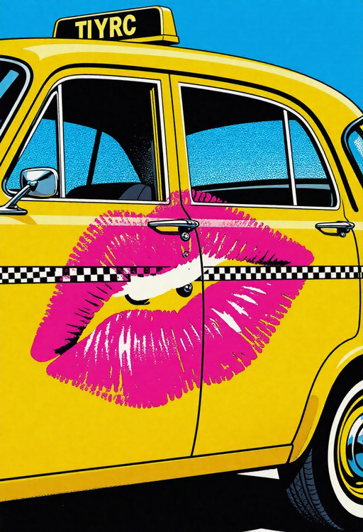 , pop art bold halftones, Massive bright pink lipstick kiss mark printed across the side of a bright yellow New York taxi, clean pop art style, strong black outlines, comic book halftone pattern, vivid magenta, lemon yellow and turquoise color scheme, bold flat colors, Roy Lichtenstein inspired, no people