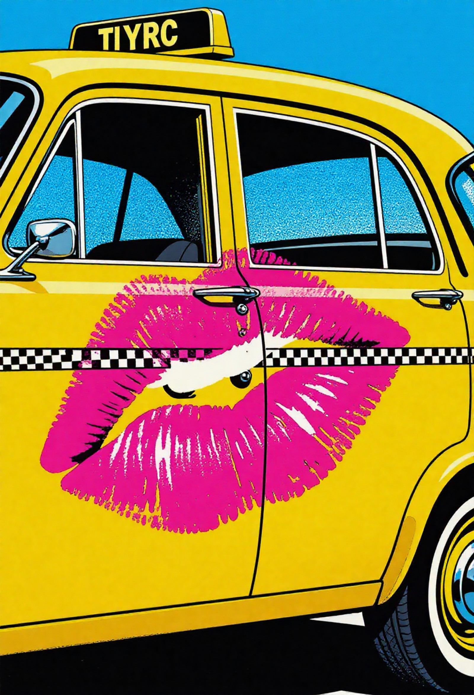 , pop art bold halftones, Massive bright pink lipstick kiss mark printed across the side of a bright yellow New York taxi, clean pop art style, strong black outlines, comic book halftone pattern, vivid magenta, lemon yellow and turquoise color scheme, bold flat colors, Roy Lichtenstein inspired, no people