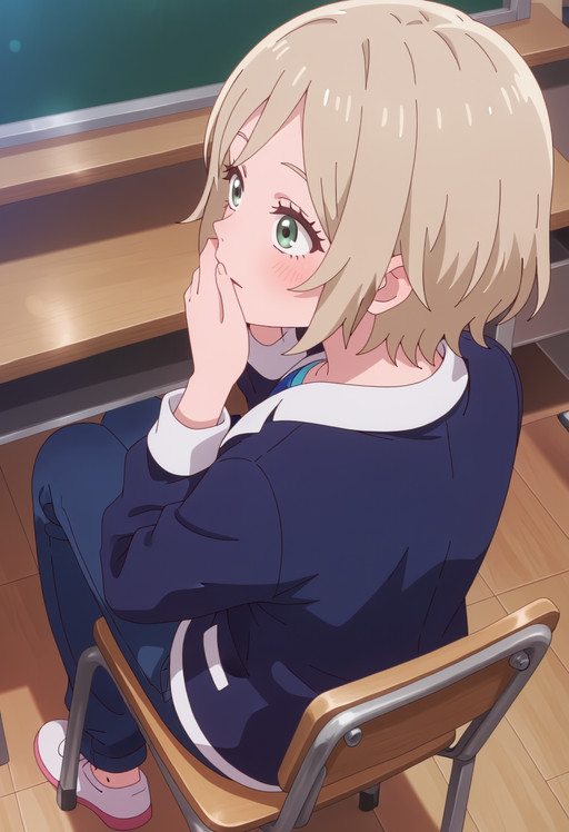 masterpiece, best quality, score_7, highres, absurdres, Slight blush, soft gaze, hands gently cupping cheeks, anime screenshot, safe, kmnyume, short hair, blonde hair, green eyes, solo,  blue jacket, blue shirt, blue pants,, sitting, on chair, from behind, high-angle view,,