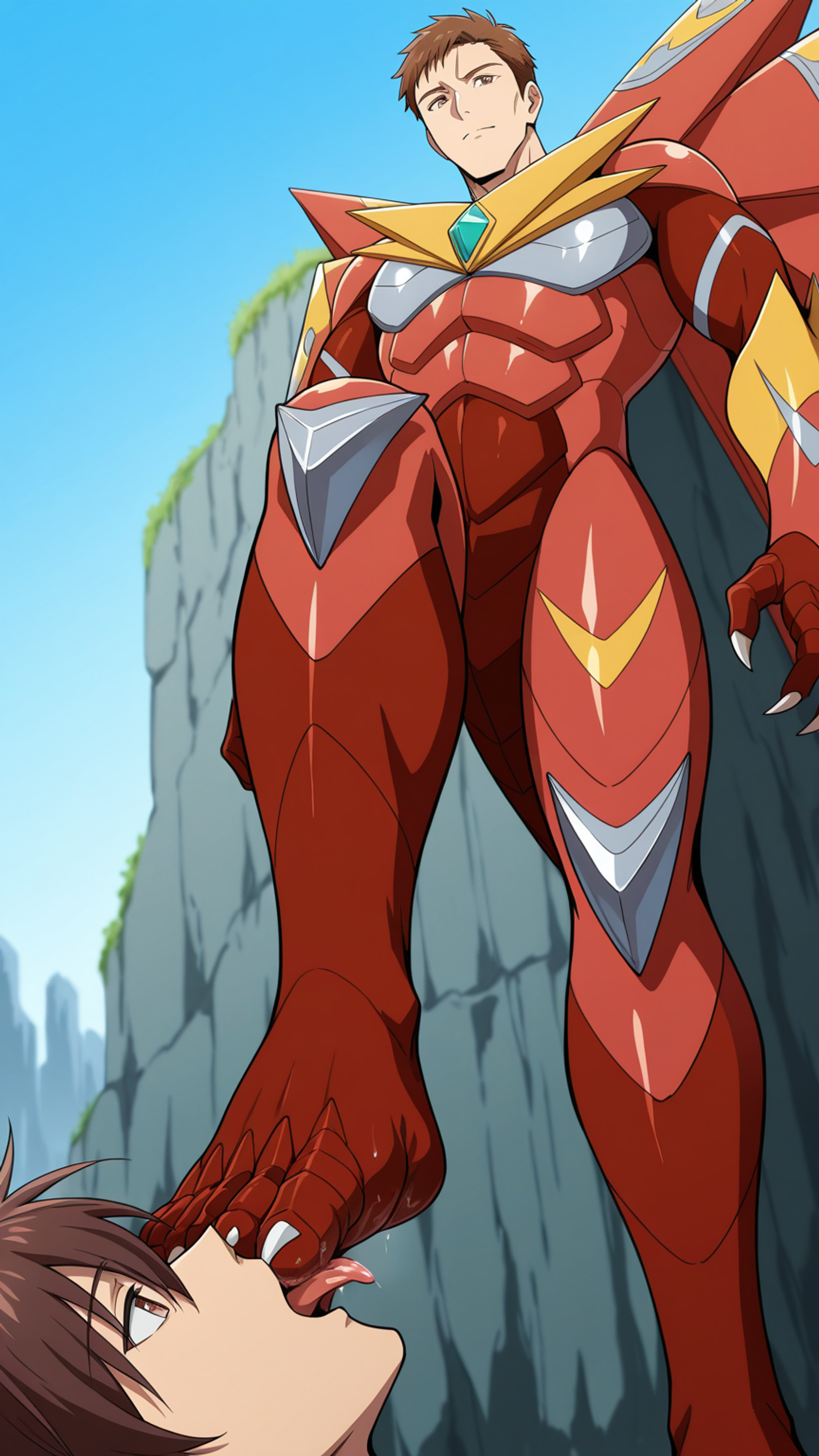 masterpiece, 4k, best quality, sharp aliasing, highly detailed, intricately detailed illustration, (solo:1.5), (1male:1.5), (male Adult:1.5), anime coloring, source_anime BREAK <lora:FusionArmor:1.5> FusionArmor, Wings, Claws, Red body, Humanoid body, barefoot, toe claws, (red feet:1.5), ( brown hair:1.5), (brown eyes:1.5), outdoors, (human face:1.5), anime colouring, (standing:1.5), (licking feet:1.5), (footworship:1.5), view below