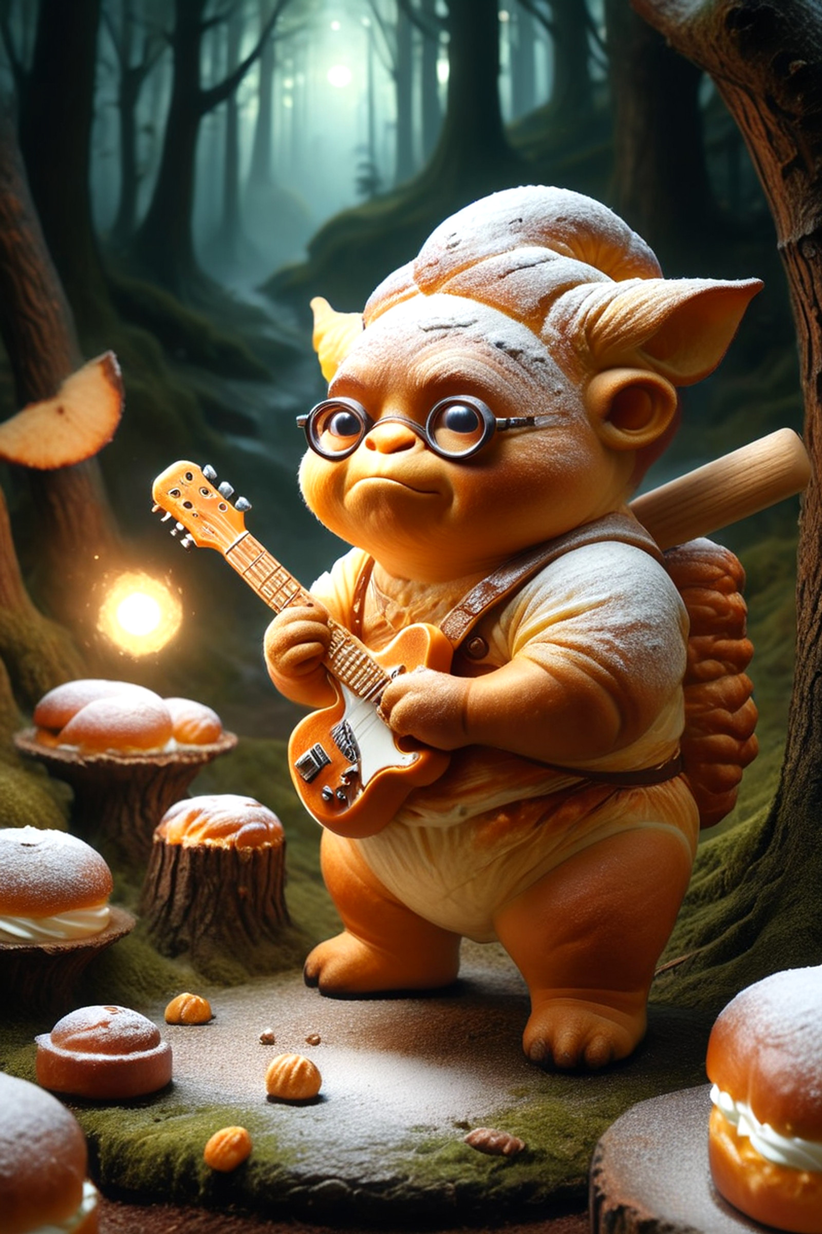a cute oger wearing glasses with big baseball bat in a magical forest. Playing songs on his guitar. highly detailed fantasy background. SemlaStyle. SemlaStyle, everything made out of semla, whipped cream inside, powdered sugar on top, golden pastries, glossy, appetizing, surreal, creamy, dotstyle, bokeh, glowing, sweet sugar, cute, golden,
