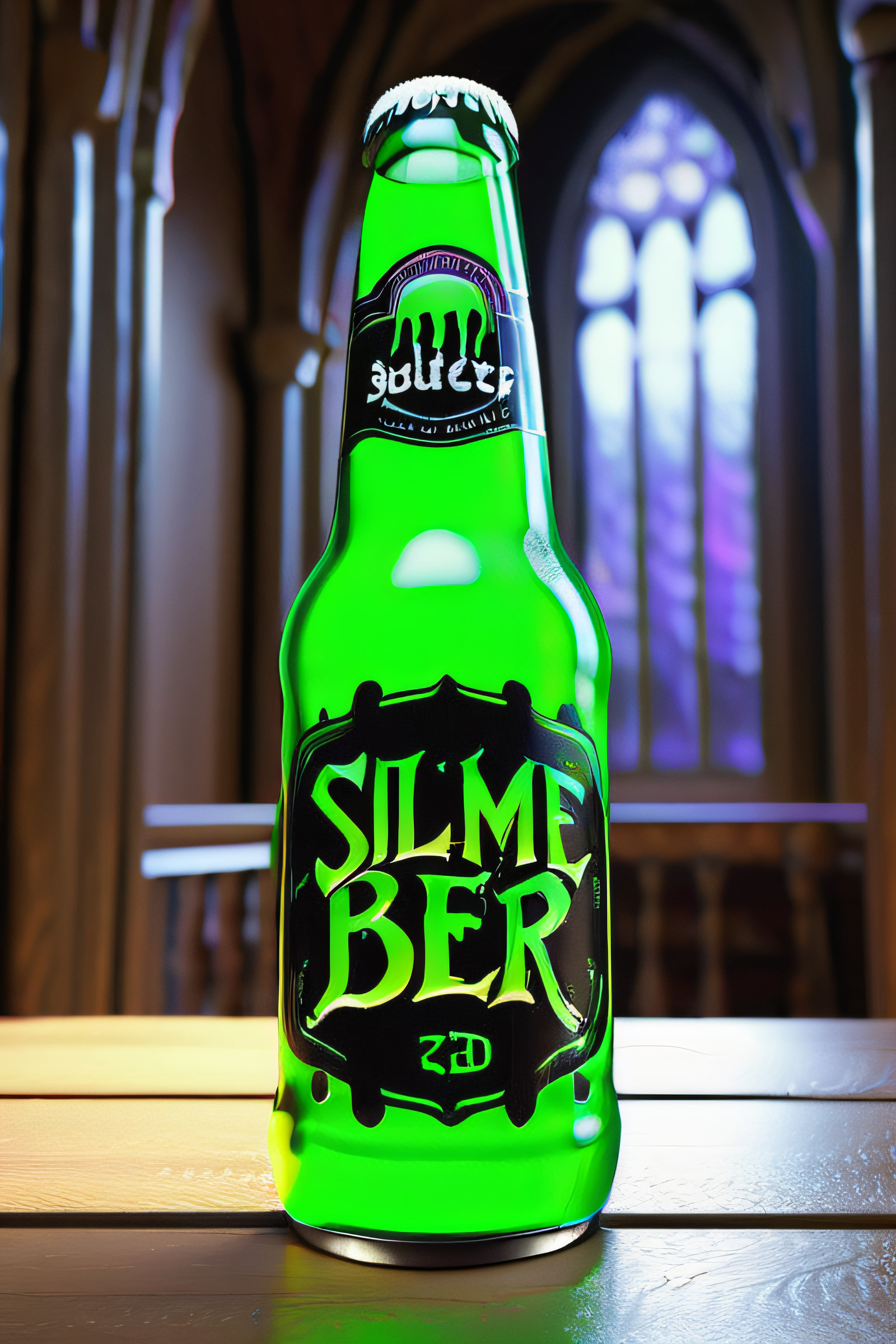 a pint of slimed beer, text"SLIME BEER" label, slime morph, sl1m3d, blacklight, fluorescent colors, interior castle foyer, humorous, photo realism