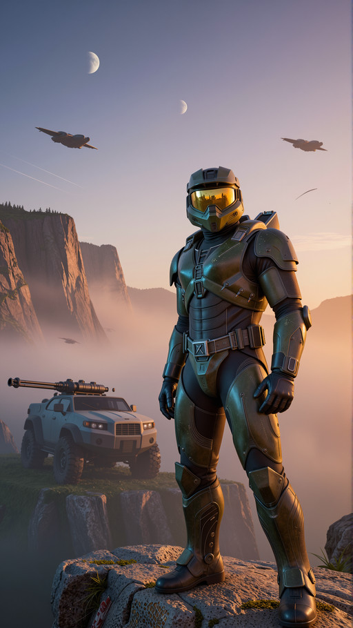 A photorealistic, ultra-sharp cinematic still captures a lone Spartan warrior from the Halo universe standing on the edge of a windswept cliff at dawn, his battle-worn Mjolnir armor catching the first orange light of sunrise. The green titanium plating bears deep scratches, carbon scoring and dried mud, testament to a long campaign, while the golden visor of his iconic helmet reflects the fiery horizon. Behind him stretches an alien landscape of dramatic mountain ranges shrouded in mist, with three moons visible in the pale violet sky. A Warthog vehicle sits abandoned in the middle distance, its heavy machine gun glinting. Overhead, Covenant Seraph fighters streak contrails across the clouds while Banshee patrols circle like predatory birds. The scene is captured with a 35mm anamorphic lens, creating that characteristic widescreen ratio and shallow depth of field where distant elements soften into cinematic bokeh. Hyperrealistic volumetric lighting cuts through the morning fog, creating god rays that illuminate floating dust particles and metallic debris. Every texture is captured with obsessive detail - the carbon fiber weave of the armor's under-suit, the rough weathered leather of his combat gloves, the individual blades of alien grass bending in the wind. Shot with high dynamic range to preserve both deep shadows and bright highlights, with film-like grain and subtle chromatic aberration for authentic lens characteristics. The color grading leans into teal and orange contrast while maintaining natural skin tones visible beneath the helmet's edge. Style: Hyperrealistic video game movie adaptation shot on virtual IMAX cameras with photorealistic rendering and perfect ray-traced lighting. Mood: Epic, triumphant yet haunting - the solitude of a legendary soldier between battles, captured in a frame worthy of Christopher Nolan's cinematography.