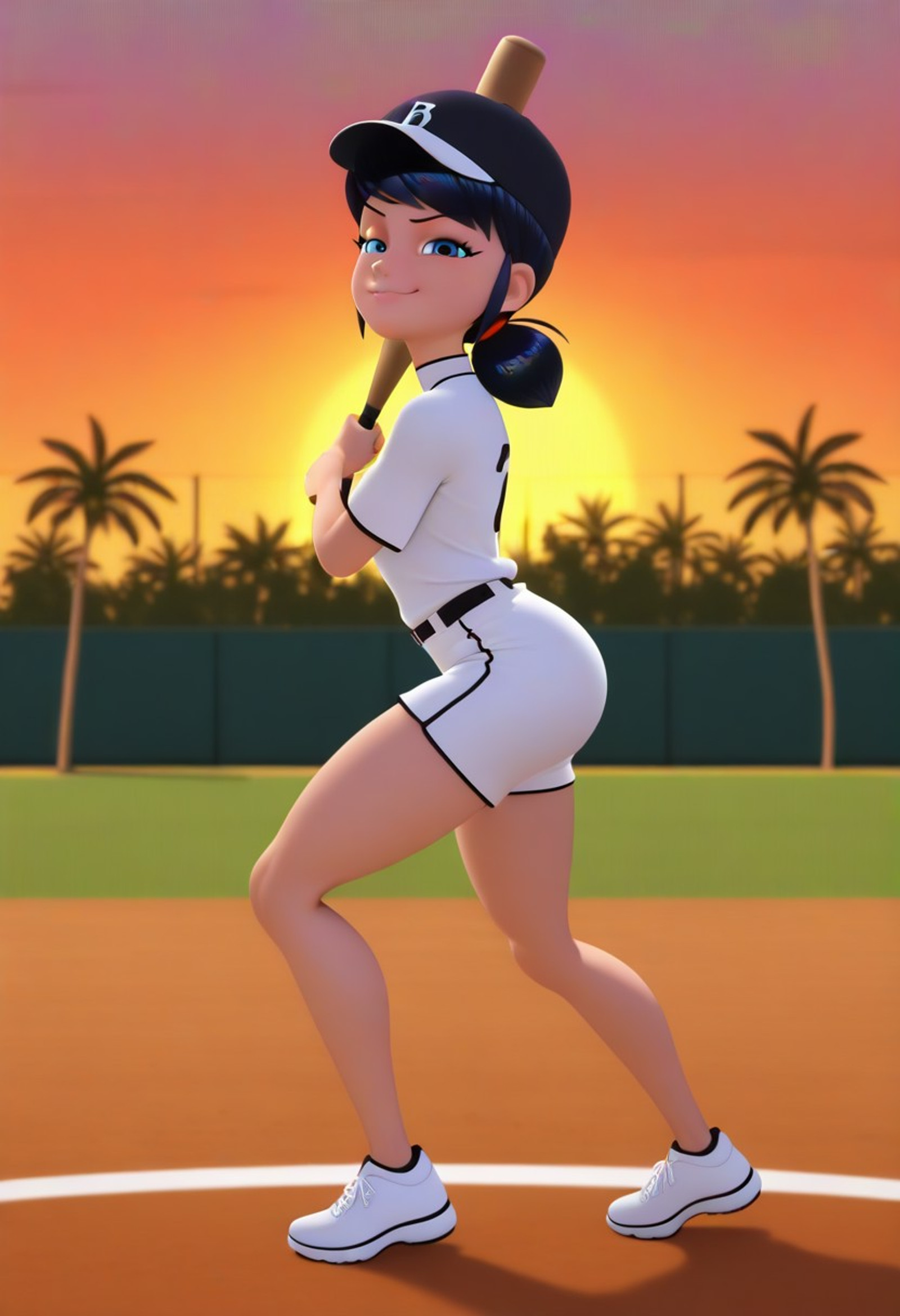 3d cartoon,  4K, High definition, best quality, expressive eyes, ,perfect face,toned female ,from head to toe , revealing legs, bare shoulders, facing the viewer, solo,  ,anime screenshots,closed mouth smile, - enigmatic face,  dynamic pose, play pose - Marinette Dupain-Cheng, black hair, hair bun, double bun, blue eyes, medium hair, loose hair, hair down,((((
cool pose, , cap, baseball jersey, shorts, sneakers, holding baseball bat,
baseball field, outdoors, palm tree, sunset, bent knees, looking at viewer, smirk,
dynamic pose,  move lines, from side,