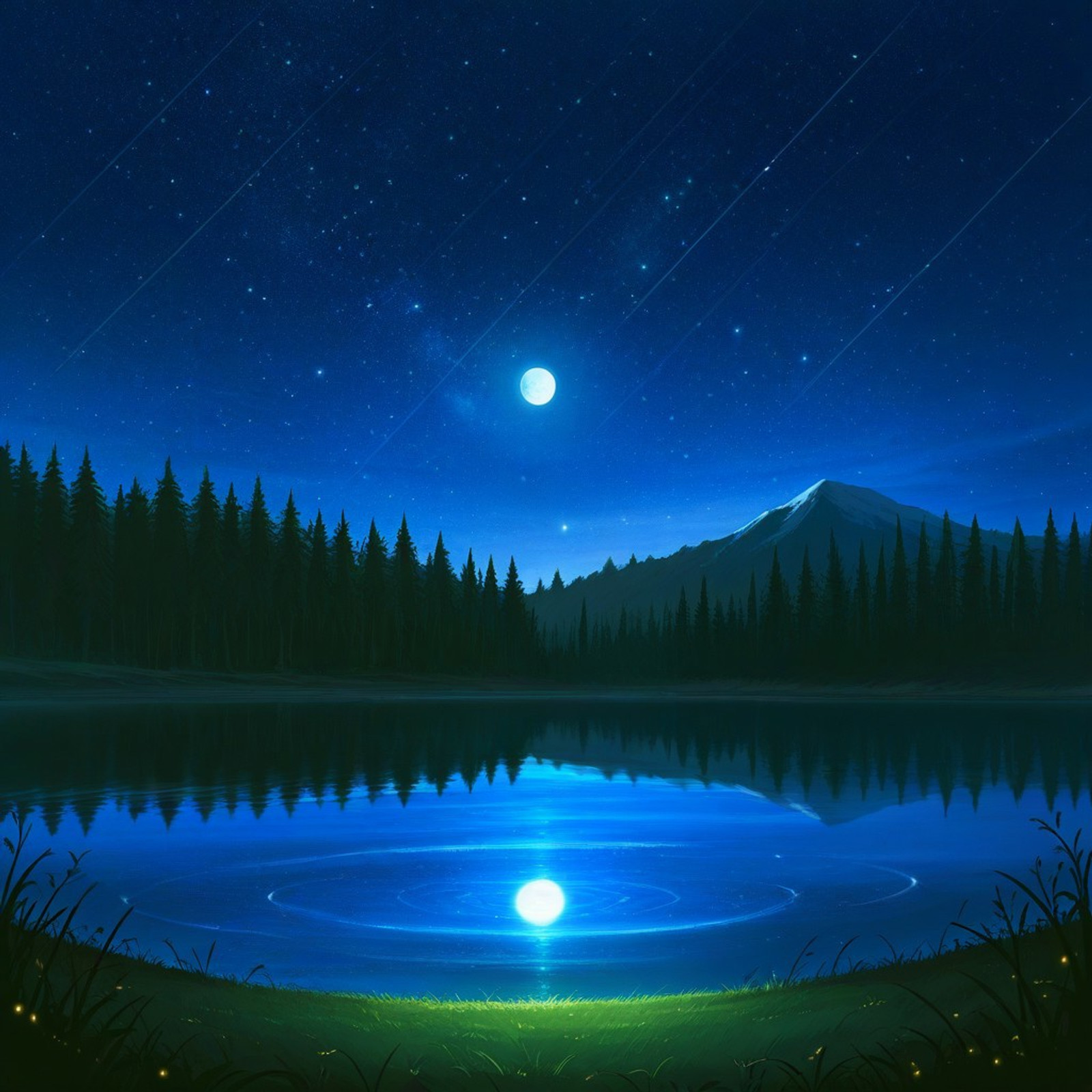 night, no humans, landscape, moon, star (sky), field, lake, forest, high quality, full HD, highres, cinematic lighting