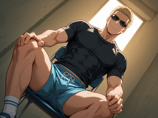 source_anime, absolutely gorgeous, ray tracing, interesting, exciting, spectacular, wonderful, amazing quality, absolutely eye-catching, very awa, lazypos1, (Sharp:1.5), (rendered:1.3),
BREAK best aesthetic, absurdres, anime illustration, Volumetric_Lighting, ultra-detailed, very aesthetic, intricate details, best_quality, anime style, Dramatic Lighting, perfect composition, dynamic lighting, vibrant colors, sharp lines, soft anime shading, smooth soft shadows, gradual shadow transitions, gentle gradients on skin and clothes, blended shading, soft diffuse shadows, airbrushed shadows, subtle soft highlights and shadows, (soft shading:1.35), (smooth gradients:1.3), volumetric soft lighting, cinematic soft shadows,
BREAK (((Sitting, on a chair, arms resting on the backrest ))), dynamic pose, F4st,
BREAK Adult male, MiddleAged male, 45 years old male, male focus, (((<lora:albertwesker-guy-PONYv1:0.8>, albertwesker, 1boy, toned, athletic, fit, mature male))), glistening skin, perfection style, perfection, five fingers,
BREAK (((wearing No-Show socks))), ((sunglasses:1.3)),
BREAK ((slicked back hair, (short hair:1.7), blonde)),
BREAK ((angular face, sharp_featured face, handsome, charming, alluring)), orange iris, (sharp iris details), intricate iris detail, expressive eyes, perfect eyes, eyes hd, detailed eyes, pair of eyes, iris lines, double catchlights,
BREAK (((focused, intense glare, apathetic, contemptuous))), Expressive, emotional, Face Detailed,
BREAK (((set in The rustle of gift wrapping, secrets hidden in surprises))), (((low-angle shot))), dynamic angle, 4k, 8k, Ultra HD, Masterpiece, Best quality, Detailed background, foreshortening, extreme perspective,