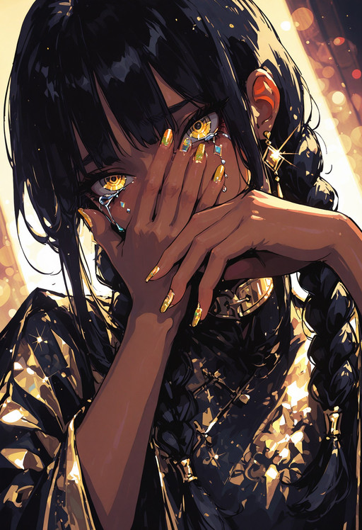 masterpiece, best quality, very aesthetic, highly detailed, sharp focus, detailed illustration, cartoonish, vibrant colors, vivid colors, NikWzrd, ma1ma1helmes_b_illu,sketch, 

1girl, solo, dark skin, dark-skinned, black hair, braided hair, braids, yellow eyes, ringed eyes, golden eyes, hands on face, covering face, peeking, gold nails, long nails, patterned nails, jewelry, gold collar, patterned clothing, tears, crystal tears, diamond tears, sparkling, close-up, dramatic lighting, high contrast, stylized, anime style, kayowacool,

dynamic angle, foreshortening, dutch angle, soft lighting, volumetric light, focus on character, sharp foreground, blurred background, depth of field, bokeh