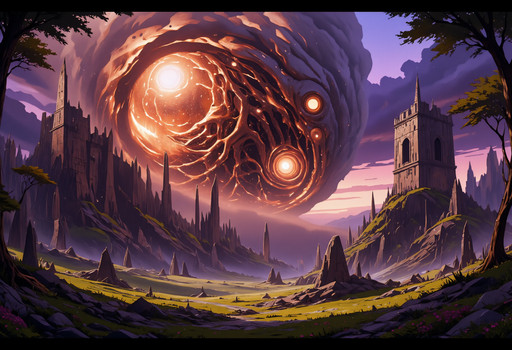 colossal sentient dull copper fog consuming ancient ruins, metallic tendrils emerging from an impossible cosmic intelligence hidden within the haze, ancient stone dissolving into glittering copper dust, glittering under a twilight sky of violet and gold, nature flourishing amid the encroaching horror, beautiful and terrifying, cinematic dark fantasy, ultra detailed, eldritch romanticism, sublime mystery, painterly masterpiece, <lora:cartoon_saloon:.5> In style of Cartoon Saloon, <lora:DullBeatenCopper01_CE_FLUX_AIT:1> dlbtncprCE_style