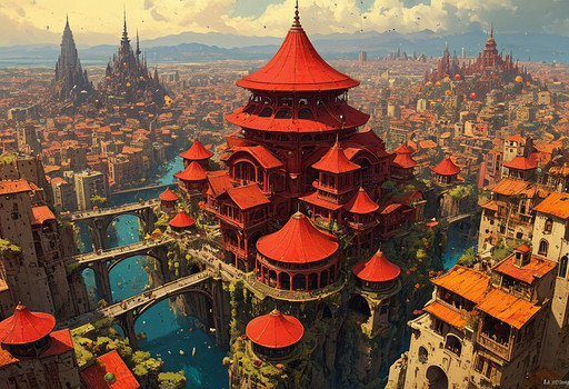 Art painting by Ian McQue and Takashi Murakami and Naoki Saito, , artstation trending, by greg rutkowski and beksinski, masterpiece, Digital illustration, aerial view, stacked architecture city on giant towers and rings with many arches and bridges and flowering terraces, (many pagodas with red roof), colorful buildings, sci-fi futuristic architecture, multiple levels, many spaceships, a matte painting by james gurney, trending on cgsociety, oversaturated, ultra sharp, hyper realistic,