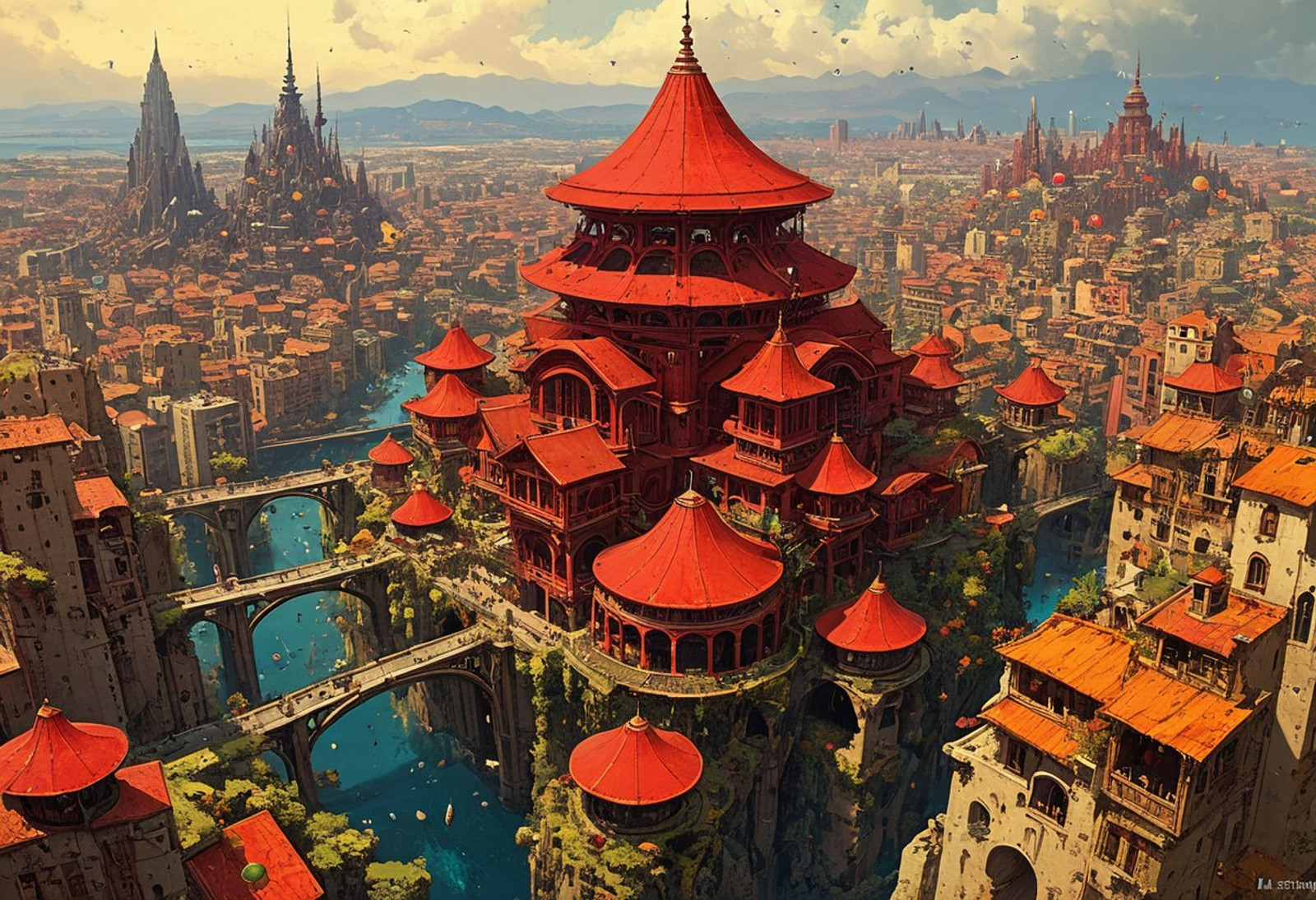 Art painting by Ian McQue and Takashi Murakami and Naoki Saito, , artstation trending, by greg rutkowski and beksinski, masterpiece, Digital illustration, aerial view, stacked architecture city on giant towers and rings with many arches and bridges and flowering terraces, (many pagodas  with red  roof), colorful buildings, sci-fi futuristic architecture, multiple levels, many spaceships, a matte painting by james gurney, trending on cgsociety, oversaturated, ultra sharp, hyper realistic,