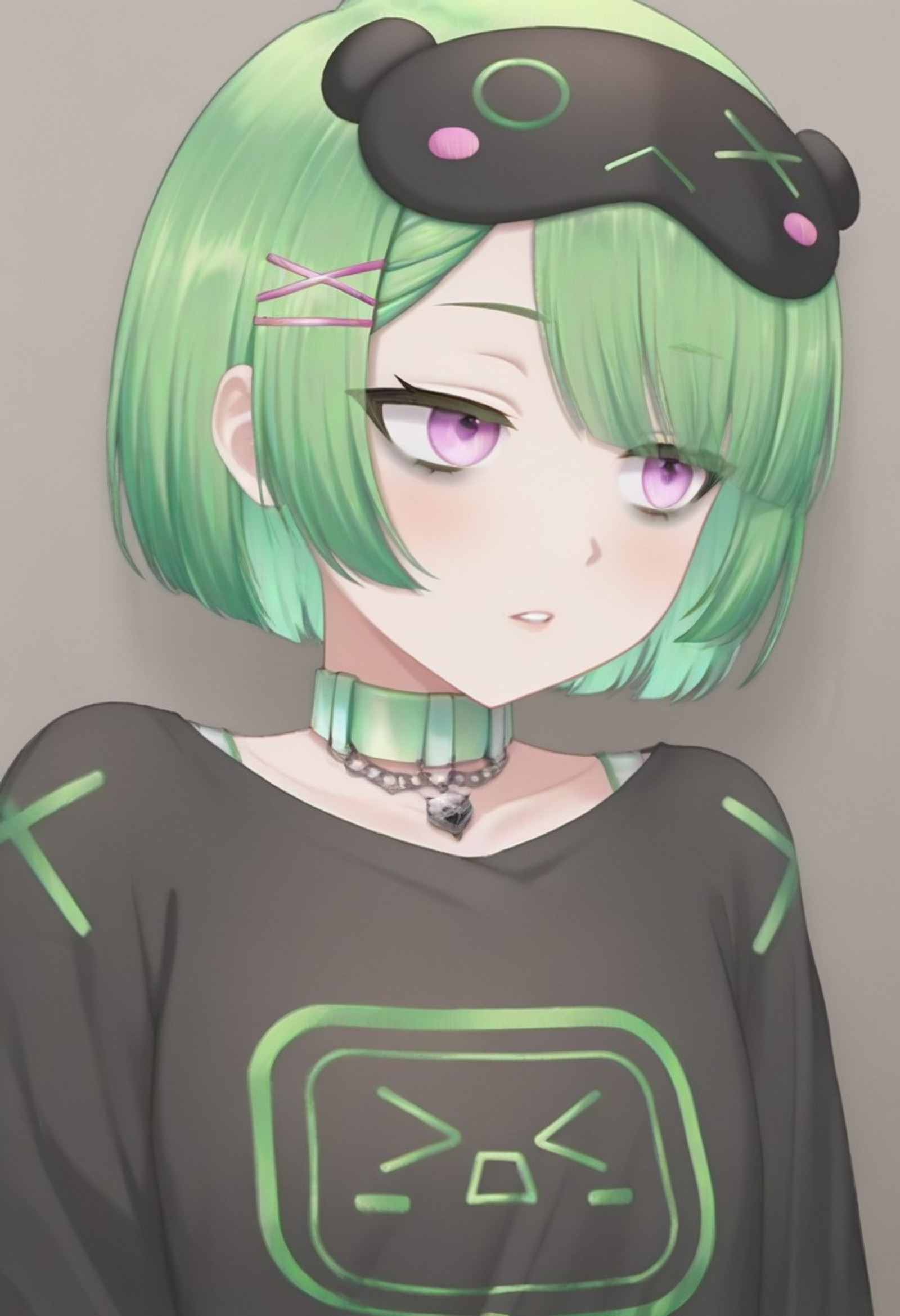 masterpiece, best quality, amazing quality,,, MuitoHikki, 1girl, solo, short hair, hair ornament, jewelry, purple eyes,bob cut, green hair, choker, virtual youtuber, hairclip,necklace, collar, mask, x hair ornament, bags under eyes, sleep mask, teeth, pink eyes, mask on head,dress