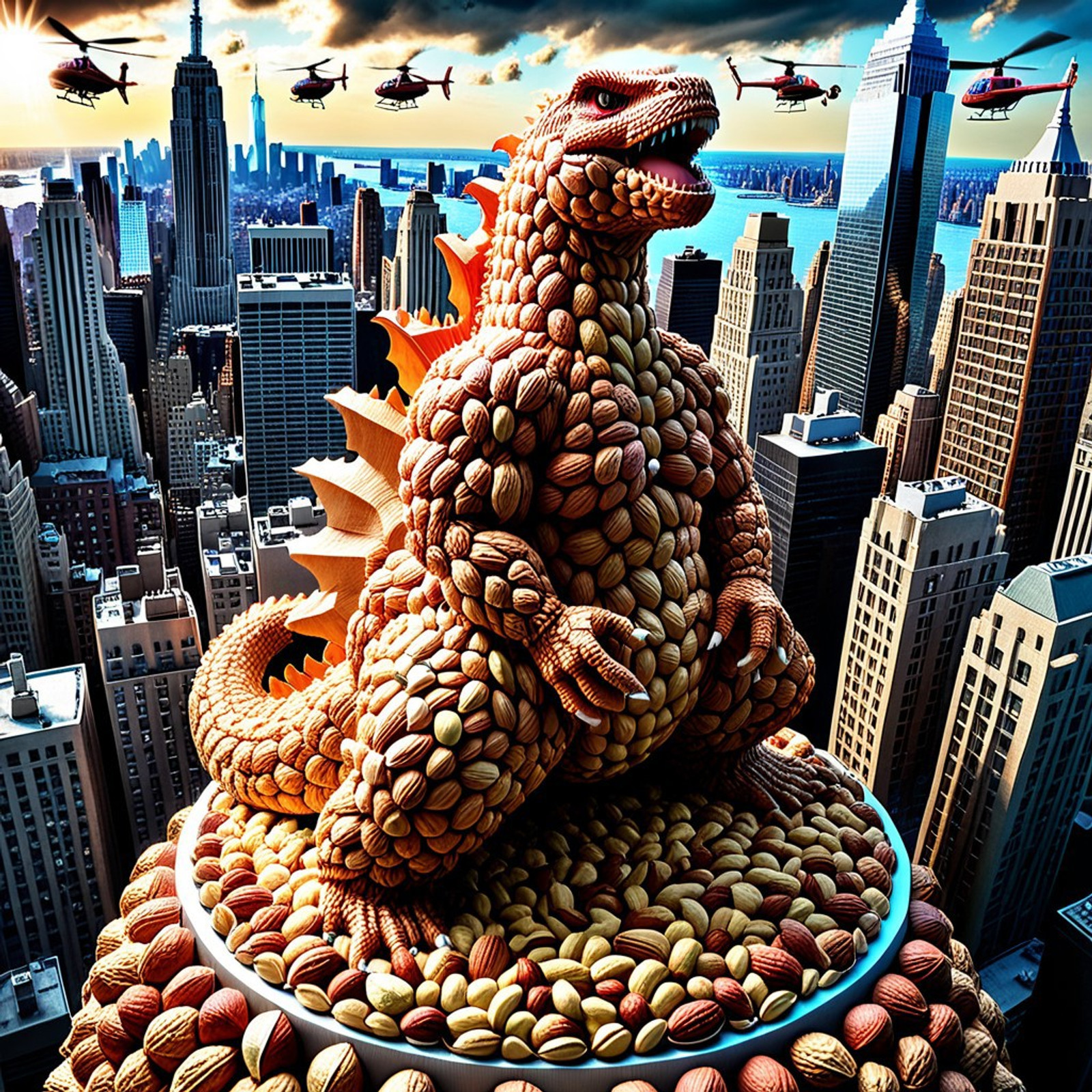 very colorful, nutstylesnut style, nutstylesnut World Morph theme, New York City made of nuts, 8k, Ultra close-up photo masterpiece, tack sharp shot, dramatic wide angle, absurdres, detailed, subject focus, ultra sharp. dramatic cinematic sun rays and dramatic weather lighting.
((Godzilla made of nuts in nutstylesnut style (climbing up a high very detailed skyscraper made of nuts in nutstylesnut style in the middle of New York City), ((Helicopters circling around Godzilla and the high skyscraper, holding a smoking giant nut))), from above, from_above, dramatic angle). detailed New York Skyline made of nuts in nutstylesnut style background, intricate motif, contrasts. looking at viewer. Ultra close-up.