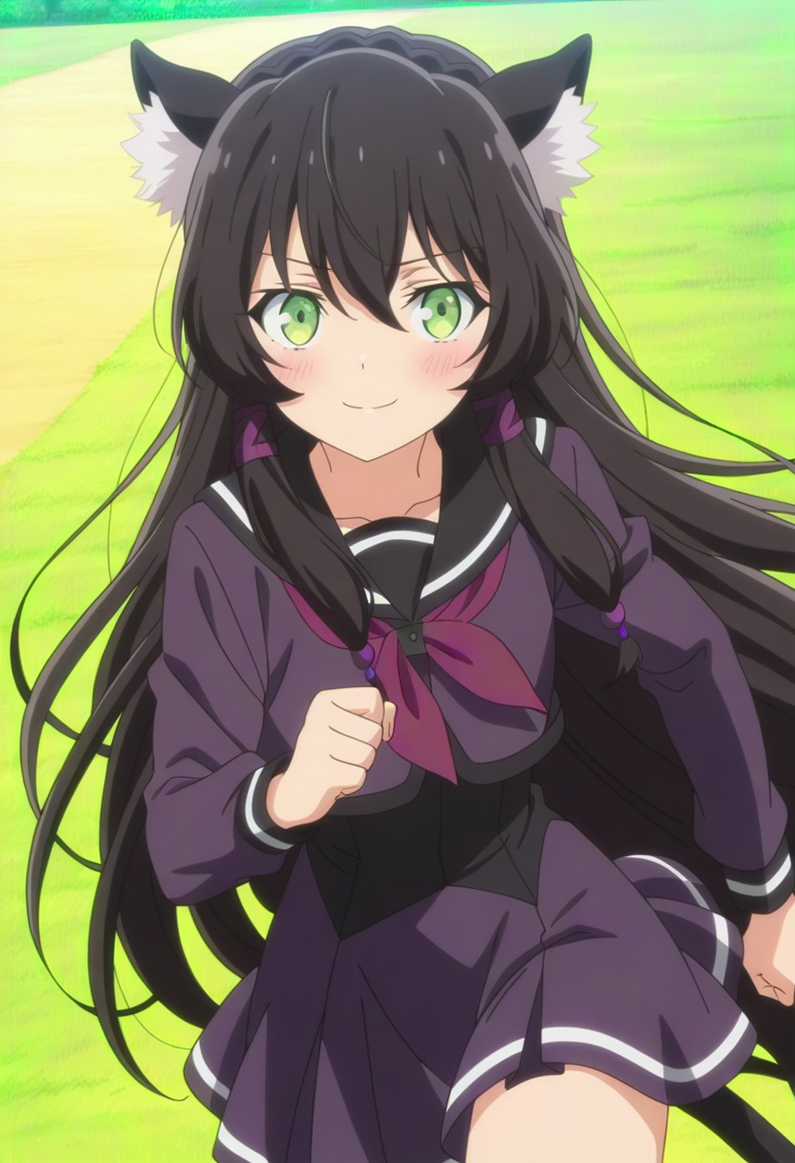 score_9, score_8_up, score_7_up, source_anime, game_cg, highres, newest, masterpiece, best quality, amazing quality, unconventional supreme masterpiece, masterful details,
1girl, solo, cowboy shot,
blush, embarrassing, light smile, sailor school uniform, 
running, from back,
(very long hair), shy smile,
rem galleu, long hair, bangs, black hair, animal ears, hair between eyes, very long hair, green eyes, tail, sidelocks, cat ears, cat tail, animal ear fluff, anime screencap,