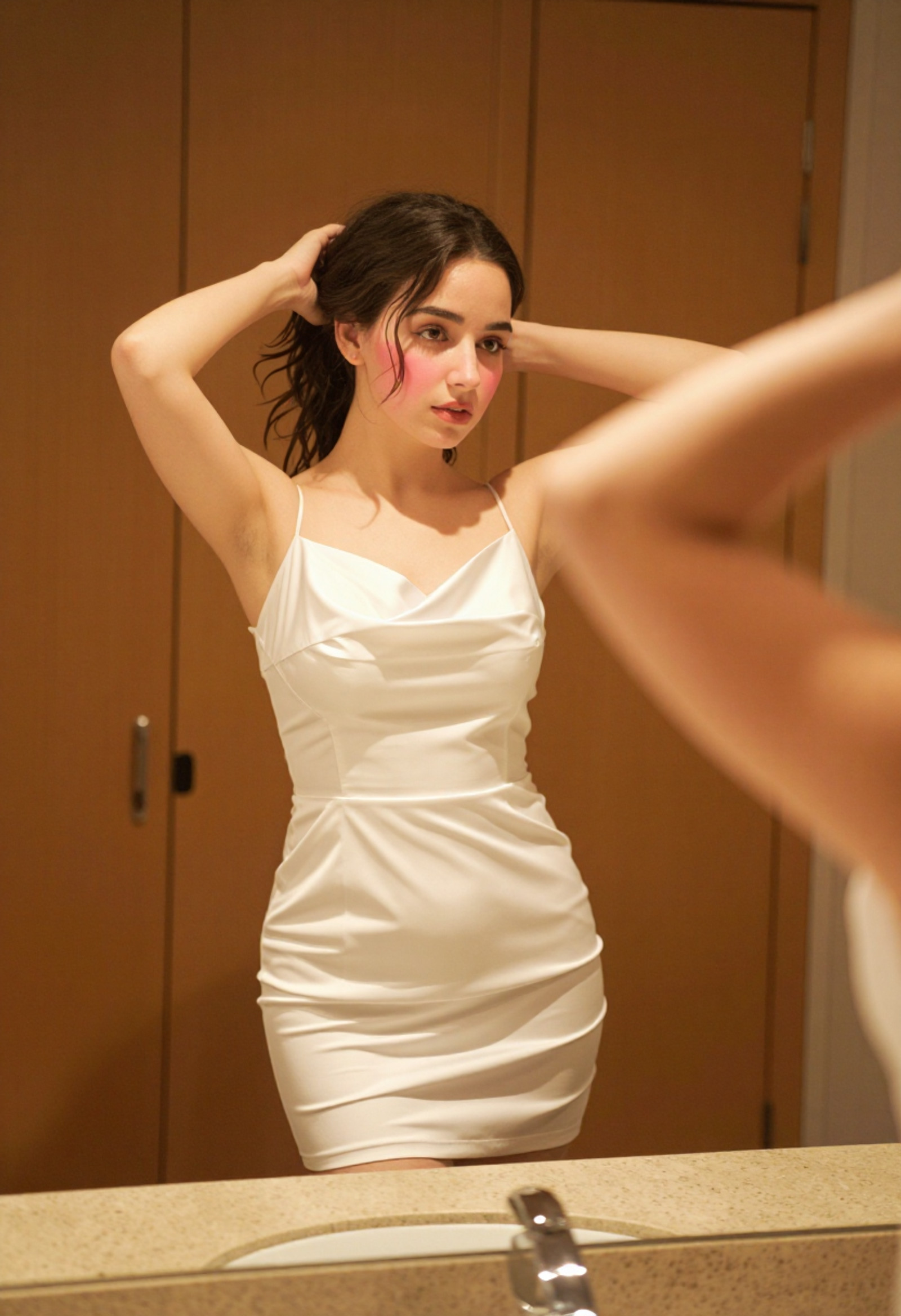 "image_prompt":"type":"hyperrealistic full-body portrait","subject":"description":"A young woman","pose":"Standing indoors, facing a mirror. Her arms are raised as she adjusts her hair.","reflection":"Her reflection is visible at the bottom edge of the frame.","hair":"style":"messy, loosely tied bun","details":"soft face-framing strands of hair falling on both sides","makeup":"look":"natural, flushed","details":["rosy cheeks","glossy lips"],"attire":"item":"white satin mini dress","fit":"sleek, fitted","texture":"gentle folds and a subtle sheen that reflects the ambient light","environment":"setting":"A warm, softly lit room","background":"description":"smooth wooden wardrobe panels","details":"adding vertical lines and a muted, earthy tone","foreground":"description":"countertop with a polished, textured stone surface","details":"a few blurred objects adding realism and depth","lighting":"description":"warm, golden, and cinematic","atmosphere":"cozy, slightly vintage","style":"mood":"candid, playful, and effortlessly elegant","aesthetic":"dreamy, intimate, lifestyle-photography","effects":["slight grain texture","soft glow","warm color grading"],"realism":["ultra-detailed skin texture","realistic fabric highlights","precise shadows","natural reflections"]

unposed moment, candid lifestyle photography,handheld smartphone photo,subtle motion blur from hand movement,slight subject motion,



