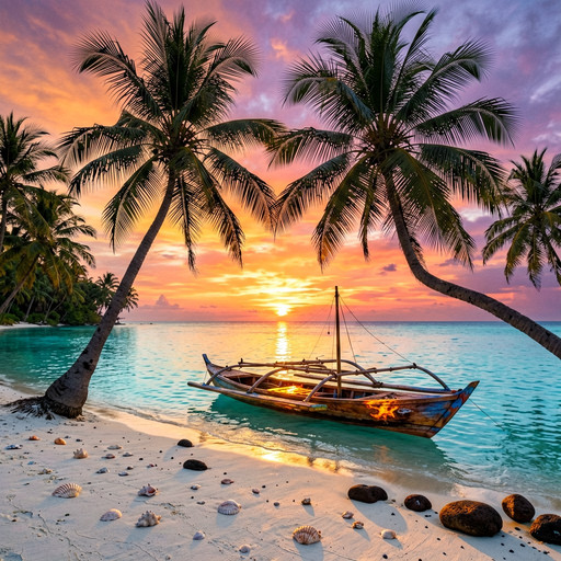 A spectacular sunset descending upon a pristine tropical paradise, where the sky erupts in a symphony of mango, coral, and lavender hues. Majestic coconut palms lean over powder-white sand, their fronds etched as delicate black lace against the radiant firmament. The calm turquoise lagoon mirrors the heavens with such clarity that sky and water become indistinguishable. A traditional wooden outrigger canoe rests on the shore, its hull painted with reflected fire. Scattered seashells and smooth volcanic stones catch the last amber light along the tide line. Soft trade winds stir the palm crowns, suggesting motion in the stillness. The horizon glows with an almost supernatural intensity, as if the sun bleeds its final essence into the waiting ocean. Every element is rendered with breathtaking precision, from individual palm fibers to rippling water caustics. The mood is paradisiacal yet profoundly moving.