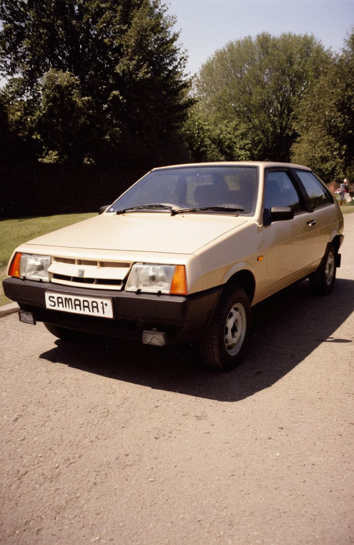 The image is a photograph of a red vaz 2108, specifically a Samara, which is a hatchback model. The car is shown from the front three-quarter angle, with the front facing towards the left side of the image. It has a sleek and modern design with a curved roofline and a sloping roofline. The front of the car has a large grille with the word "Samara" written in white letters, and the headlights are angular and angular. The wheels are black with silver rims. The background is a plain grey color, making the car stand out., 1980s amateur photograph, full environment wide shot, everyday life scene, candid moment, analog film camera snapshot, slightly tilted composition, unposed people in natural interaction, indoor or street setting, on-camera flash, harsh lighting, deep shadows, strong film grain, noisy texture, analog artifacts, dust and scratches on film, light leaks, color fading, overexposed highlights, imperfect focus, motion blur, realistic 1980s atmosphere, nostalgic documentary style, kodak film look, expired film, heavy grain, analog noise, VHS-like distortion, film burn, chromatic aberration, cheap film camera, disposable camera look, direct flash photography, snapshot photography<lora:Lada (VAZ)_2108_lora_XL:1>