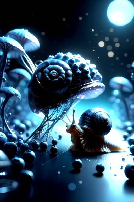 a cute snail with paperclip . surreal fantasy scenery. . blueberrym0rph. blueberrym0rph, made out of blueberries, dotstyle, bokeh, glowing