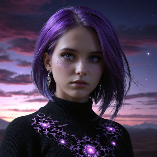 3dmm style,(masterpiece, top quality, best quality, official art, beautiful and aesthetic:1.2), (fractal art:1.3), 1girl, beautiful, high detailed, purple hair with a hint of pink,  dark lighting, serious face, looking the sky, sky, medium shot, black sweater, jewelry