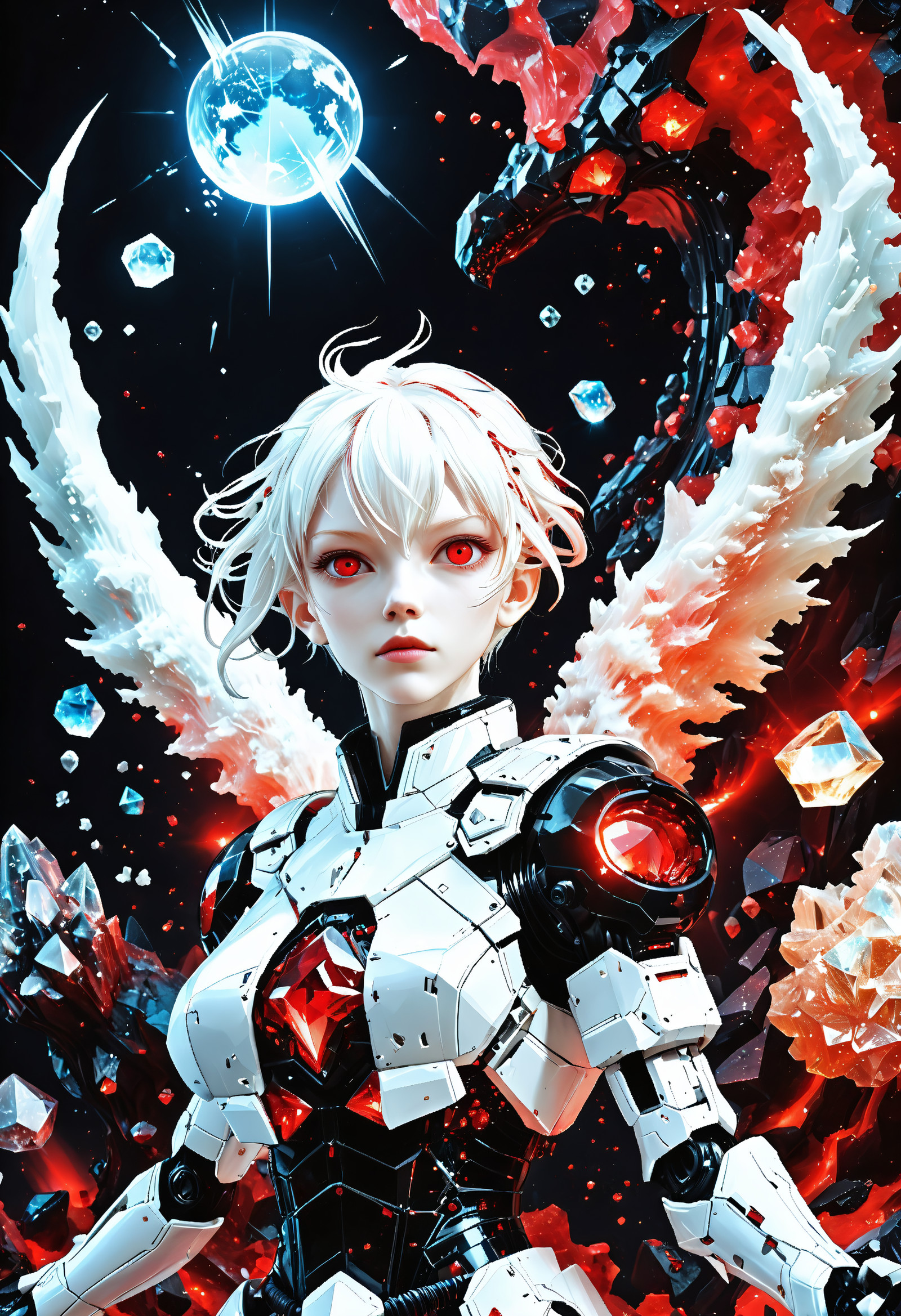 masterpiece, best quality, highly detailed, A beautiful woman, white hair, red eyes, cyberpunk meets fantasy style outfit made from multifaceted obsidian crystals, red black crystal, jagged black obsidian crystals erupting everywhere, pulsing with crimson glows like alien geodes on steroids, Gothic mega-castle, ObsidianCrystal,