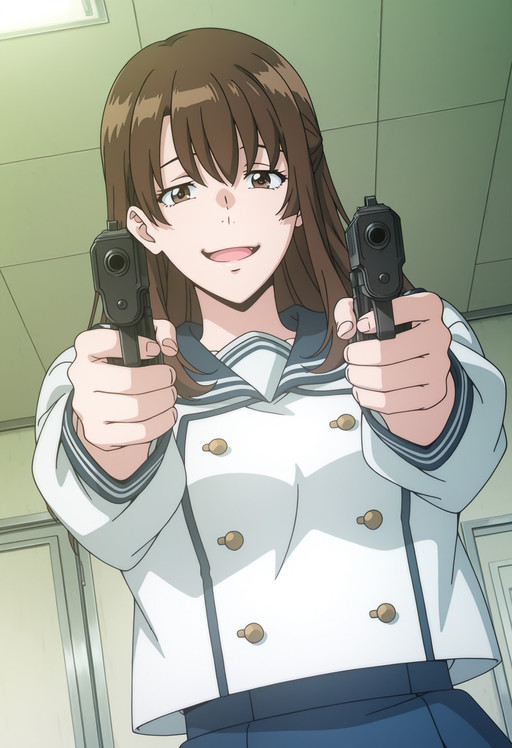 highres, best quality, masterpiece, indoors, bedroom, 
anime screencap,
1girl, solo, aged up, sghmshio, long hair, brown hair, brown eyes,
school uniform, serafuku, double-breasted, white shirt, long sleeves, blue skirt, double horizontal stripe,
looking at viewer, smirk, open mouth, 
upper body, from below, dutch angle, standing, handgun, holding gun, gun pointing at viewer,
<lora:_shion_ashimori_elesico-ilxlA:1>