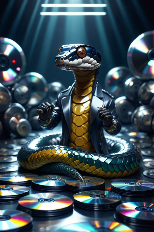A cute snake wearing a wide suit. Center position, busy background, lots of objects..  made of cd's. wearing retro-futuristic armor, plated in compact discs, dramatic scene, futuristic background, shiny reflections,  <lora:CDs_SDXL:1.0>
