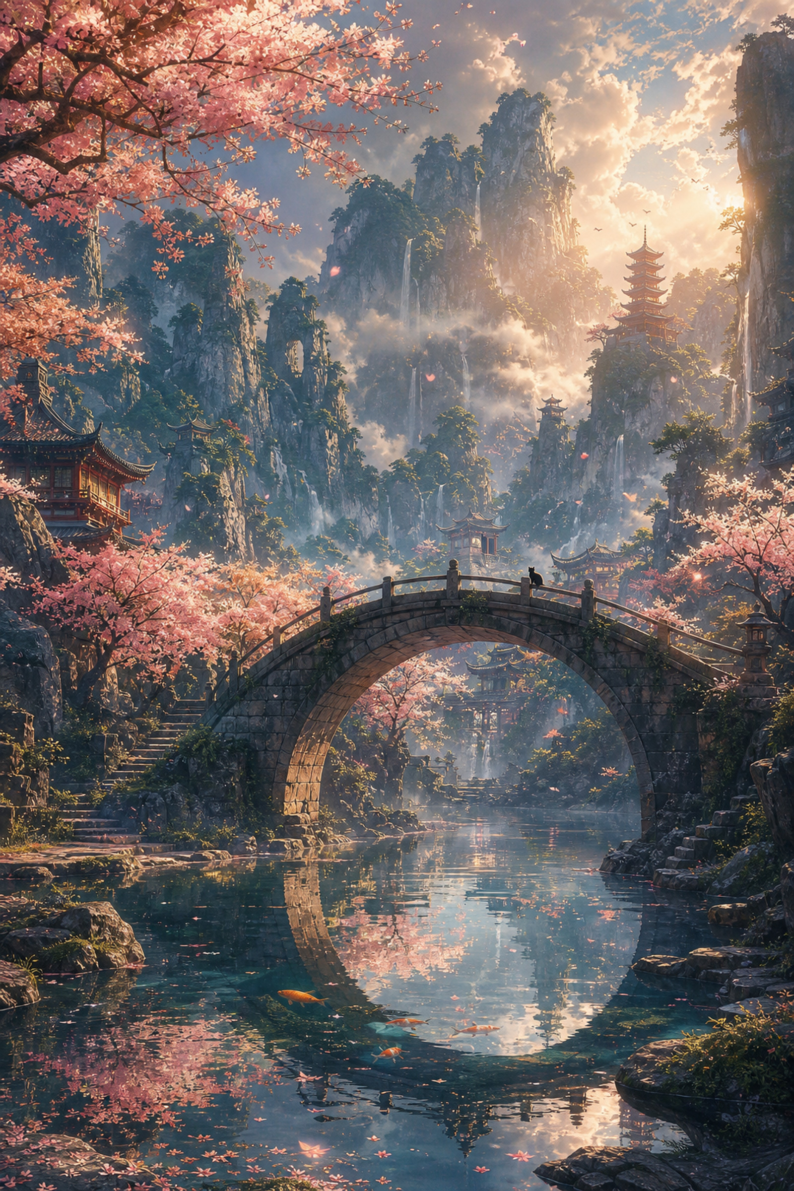 masterpiece, best quality, absurdres, ultra detailed, cinematic Japanese mountain fantasy illustration, majestic stone arch bridge crossing a crystal-clear reflective river, vibrant cherry blossom trees framing the entire scene, towering mist-covered mountains rising into the sky, ancient East Asian fantasy landscape, serene temple architecture hidden among the cliffs, dreamy spring atmosphere, soft petals drifting through the air, tranquil fantasy scenery, painterly anime rendering, Ghibli inspired fantasy atmosphere, Ghibli inspired cinematic lighting, emotional environmental storytelling, cinematic anime movie still, elegant fantasy composition, atmospheric depth, glowing morning mist, soft volumetric sunlight rays piercing through clouds, cinematic haze, magical nature kingdom, immersive fantasy environment, peaceful spiritual ambiance, highly aesthetic anime scenery, trending on artstation, pixiv featured, pinterest aesthetic, social media masterpiece, wallpaper worthy composition, iconic fantasy atmosphere, reflective water mirroring the bridge and blossoms, detailed rocky riverbanks, floating flower petals across the river surface, cinematic spring fantasy masterpiece, watercolor diffusion aesthetic, ethereal mountain scenery, ultra atmospheric rendering,Japanese fantasy aesthetic, Studio Ghibli inspired scenery, cinematic matte painting, painterly anime style, atmospheric fantasy illustration, dreamcore nature landscape, anime movie frame, watercolor lighting textures, semi-realistic anime rendering, elegant brushstroke rendering, fantasy concept art, cel-shaded cinematic lighting, ancient mountain temple aesthetic, mystical environment illustration,drifting sakura petals carried by the wind, cinematic fog layers wrapping around mountain peaks, glowing reflections in calm river water, distant temple rooftops hidden in mist, soft cloud density illuminated by sunlight, floating spirit particles in the atmosphere, ancient stone pathways near the riverbanks, reflective wet rocks, lush greenery growing between stones, subtle fantasy birds flying through the valley, hidden pagoda structures in the distance, ethereal river mist rising upward, atmospheric mountain depth, glowing ambient haze, magical spring vegetation, tiny waterfalls flowing between rocks, cinematic cloud formations, floating pollen particles illuminated by light, serene fantasy landscape detailing, shimmering water ripples beneath the bridge,small black cat sitting near the edge of the bridge, mystical koi fish visible beneath the water surface, fantasy birds circling above the mountains, emotional solitude atmosphere, cinematic,volumetric sunlight glow, cinematic bloom, warm spring ambient lighting, dramatic backlighting, atmospheric rim lighting, glowing water reflections, ethereal illumination, high dynamic range lighting, dreamy fantasy shadows, cinematic sunlight rays, soft painterly reflections, magical ambient glow, mist illuminated by sunlight, atmospheric spring haze,soft cherry blossom pink tones, glowing warm sunlight highlights, deep teal mountain shadows, muted fantasy blues, soft spring greens, cinematic warm-cool harmony, dreamy pastel gradients, elegant natural contrast, atmospheric fantasy color grading, reflective water tones,masterpiece, absurdres, cinematic composition, ultra detailed environment, immersive perspective, emotional storytelling, atmospheric perfection, elegant framing, premium anime illustration quality, breathtaking fantasy scenery, highly detailed nature rendering, painterly perfection, wallpaper quality, cinematic fantasy rendering, visually stunning environment art, ultra aesthetic fantasy masterpiece, trending fantasy illustration, hyper detailed landscape environment