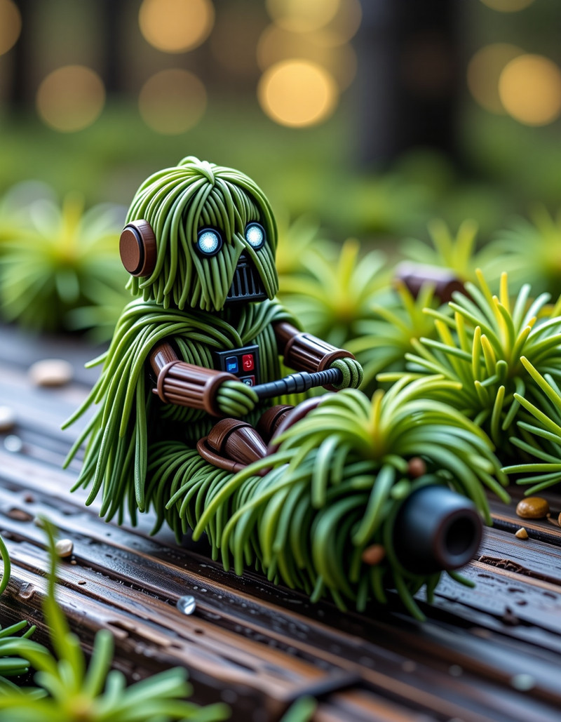 cute, humorous, witty, funny, comical, made of fir needles
A fir needles person looking like Darth Robot is cr