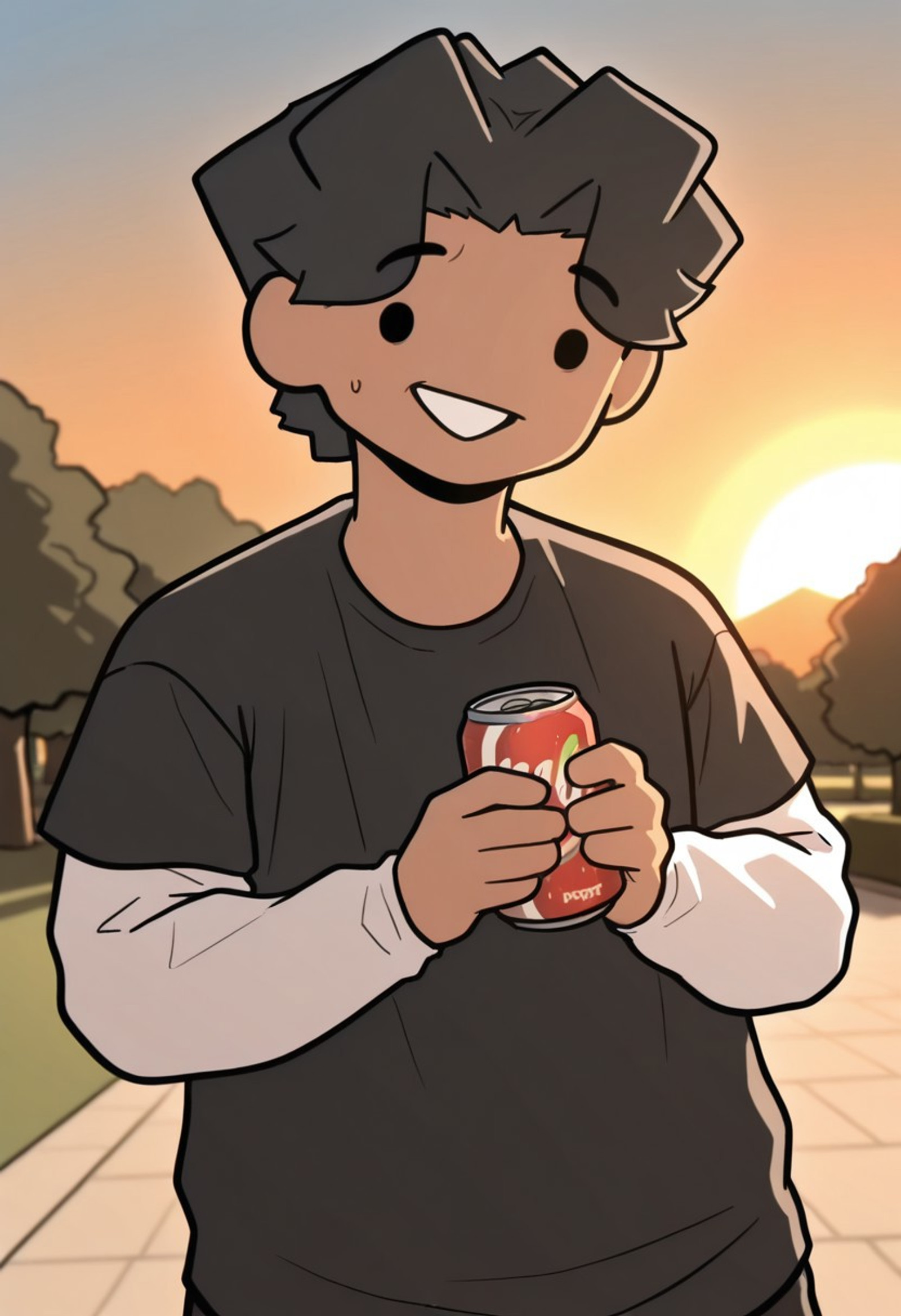 masterpiece, best quality, amazing quality, beanYT Illus, solo, 1man, dark skin, black hair, dot eyes, black eyes, smile, black shirt, white shirt underneath, white sleeves , upper body, nervous, pecs, holding a can of soda,  
Beautiful lighting, sunset, coulds, at the park,