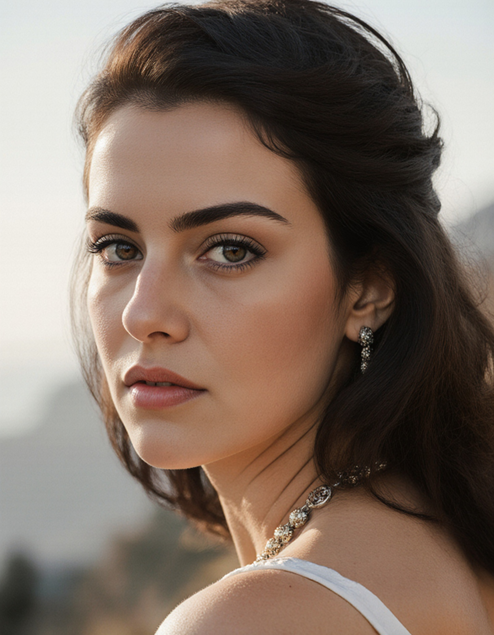 "Breathtaking over the shoulder shot photography of a Greece woman looking at viewer, necklace, looking over shoulders, eyelashes, fine hair detail, entire hairstyle visible, perfect eyes with iris pattern, sensual lips, nose, (perfectly sharp:1.3), realistic textures, (deep focus, focus on background:1.5), 8k uhd, dslr, ultra high quality image, film grain, Fujifilm XT3 <lora:Greece:1>"