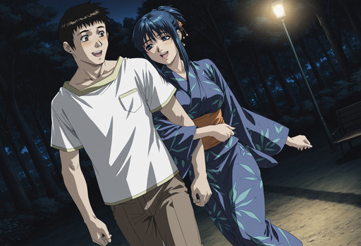 Smooth_Quality, depth of field, 1girl, izyi dgmid 3,anime screencap,Hiroko,1girl, slim girl, blush, blue hair, ponytail, blue eyes, earrings, large breasts, japanese clothes, blue kimono, yukata, tabi 

Ken-Chan,1boy,solo,black hair,short hair,brown eyes,white shirt, pants, 
walking, looking at another, laughing, happy, locked_arms.

outdoors, night, forest, park, dim_lighting, medium shot, slight angle, cold lighting, cinematic lighting, dynamic angle, hand, perfect_hands, correct_anatomy, EyesHD, high definition eyes, detailed eyes