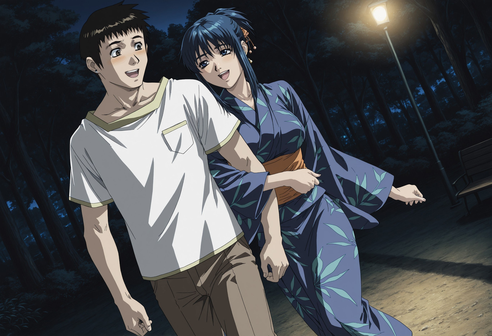 Smooth_Quality, depth of field, 1girl, izyi dgmid 3,anime screencap,Hiroko,1girl, slim girl, blush, blue hair, ponytail, blue eyes, earrings, large breasts, japanese clothes, blue kimono, yukata, tabi 

Ken-Chan,1boy,solo,black hair,short hair,brown eyes,white shirt, pants, 
walking, looking at another, laughing, happy, locked_arms.

outdoors, night, forest, park, dim_lighting, medium shot, slight angle, cold lighting, cinematic lighting, dynamic angle, hand, perfect_hands, correct_anatomy, EyesHD, high definition eyes, detailed eyes