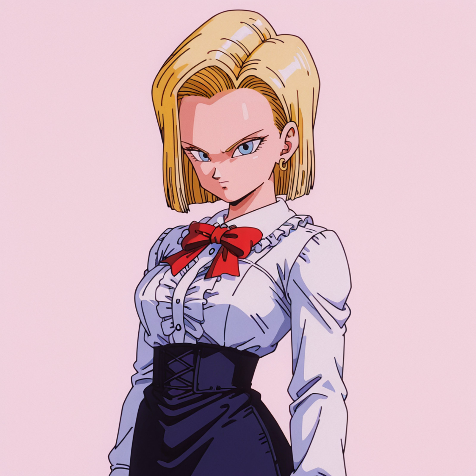 <lora:Android18DBZ_illustrious_v1:.7> Android18DBZ, 1girl,  blonde hair, earring, short hair, blue eyes, 1990s (style), retro artstyle , cowboy shot,  <lora:virgin-killer-outfit-illustriousxl-lora-nochekaiser:1> virgin killer outfit, meme attire, high-waist skirt, center frills, frilled shirt, underbust, aran sweater, frilled shirt collar, red bowtie, frills, skirt,