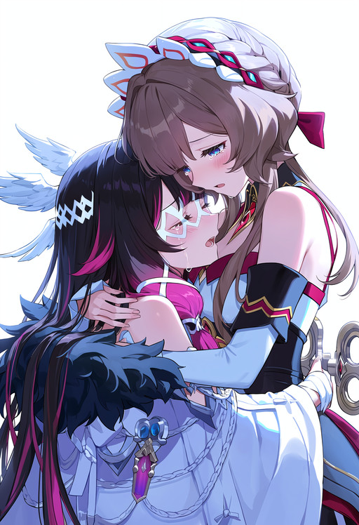 genshin impact, columbina \(genshin impact\), sandrone \(genshin impact\), 2girls, bare shoulders, black hair, blue eyes, blush, brown hair, closed eyes, crying, detached sleeves, head wings, hug, looking at another, multicolored hair, multiple girls, open mouth, pink hair, sidelighting, streaked hair, white background, white wings, winding key, wings, yurigenshin impact, columbina \(genshin impact\), sandrone \(genshin impact\), 2girls, bare shoulders, black hair, blue eyes, blush, brown hair, closed eyes, crying, detached sleeves, head wings, hug, looking at another, multicolored hair, multiple girls, open mouth, pink hair, sidelighting, streaked hair, white background, white wings, winding key, wings, yuri