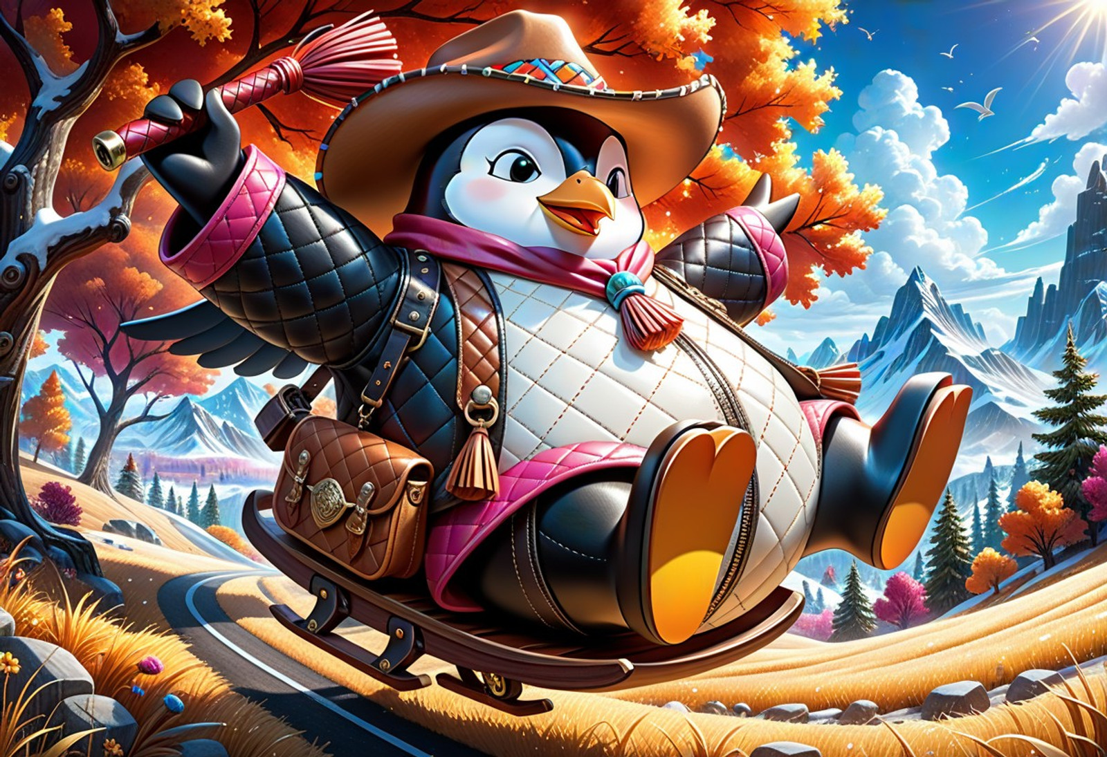 masterpiece, best quality, every detail, vibrant color, portrait, close-up, face focus, Movie Poster Style, cs-l3ath3r, Decorative Leather & Mixed Media TIXL LoRA, SDXL, masterpiece, ultra-detailed   one main object: a chonky penguin made entirely of stitched leather appliqué, patchwork belly from quilted suede, wings edged with fringe tassels, embossed grain textures everywhere. It strikes a ridiculous heroic karate-kick pose mid-air while sliding on a belt-buckle sled, wearing oversized zipper sunglasses, a floppy cowboy hat made of tooled leather, and jangling keychain spurs.