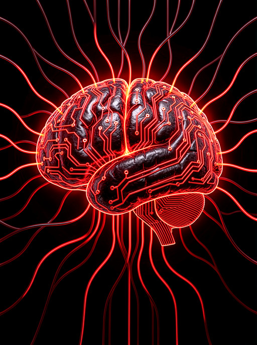 A highly detailed hyperrealistic digital brain made of interconnected glowing red circuits, suspended in darkness. The brain pulses with energy, with thin red neon lines extending outward like neural connections, symbolizing AI surpassing human intelligence. The deep black background enhances the futuristic, minimalist aesthetic. <lora:YFG-ChatGPT-4o-Style-F2_Klein-3kv1:0.5> <lora:YFG-Obs-Flux2-Klein9b_3k-v1:0.5>