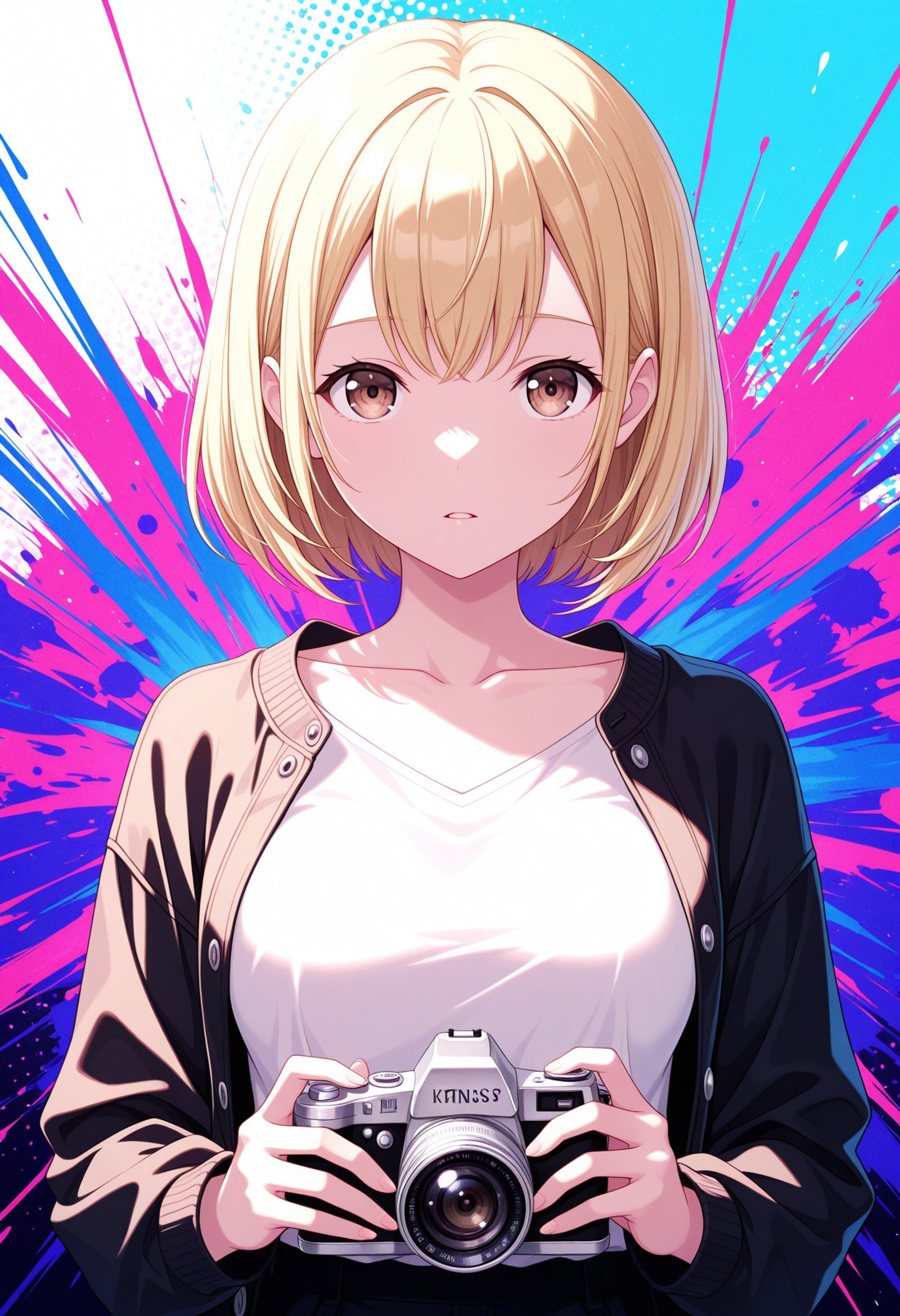 masterpiece, best quality, amazing quality,absurdres, BREAK khnazsw, brown eyes, blonde hair, medium breasts, looking at viewer, short hair, shirt, long sleeves, holding, collarbone, jacket, white shirt, upper body, parted lips, open clothes, open jacket, blood, camera, colorful, holding camera, abstract background