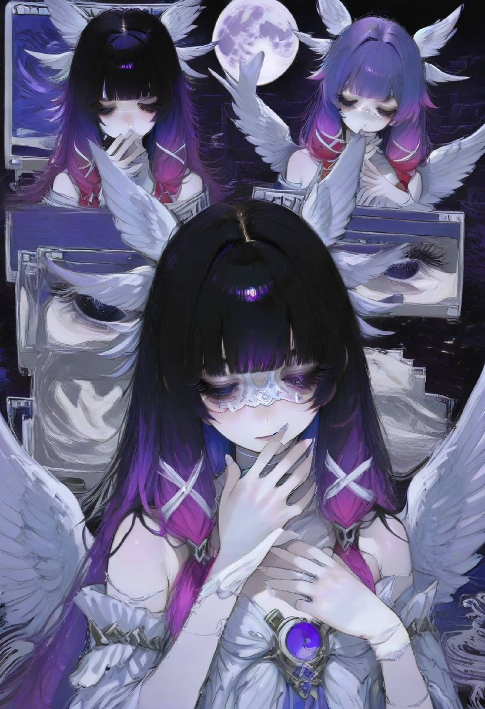 masterpiece, best quality, highres, 8k, artistic, aesthetic, detailed background,1girl, solo,, upper body, fingernails, dim light, dark room, full moon,columbina \(genshin impact\),black hair, blunt bangs, gradient hair,  head wings,  multicolored hair, purple hair,  white wings, wings, eye mask,closed eyes,  moon goddess, atmospheric, mhh, glitch, abstract, window \(computing\), lazyhand, n14sknsfw, cabbage,thick eyelashes, (black eyeshadow:0.8), big eyes