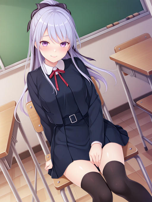 embedding:lazypos, 1girl, dynamic angle

Kisaragi Mizuha, purple eyes, ponytail, hair bow, 
(side braids:0.9), aged down, school uniform, cropped jacket, neck ribbon, pinafore dress, black thighhighs

looking at viewer

sitting, chair, classroom