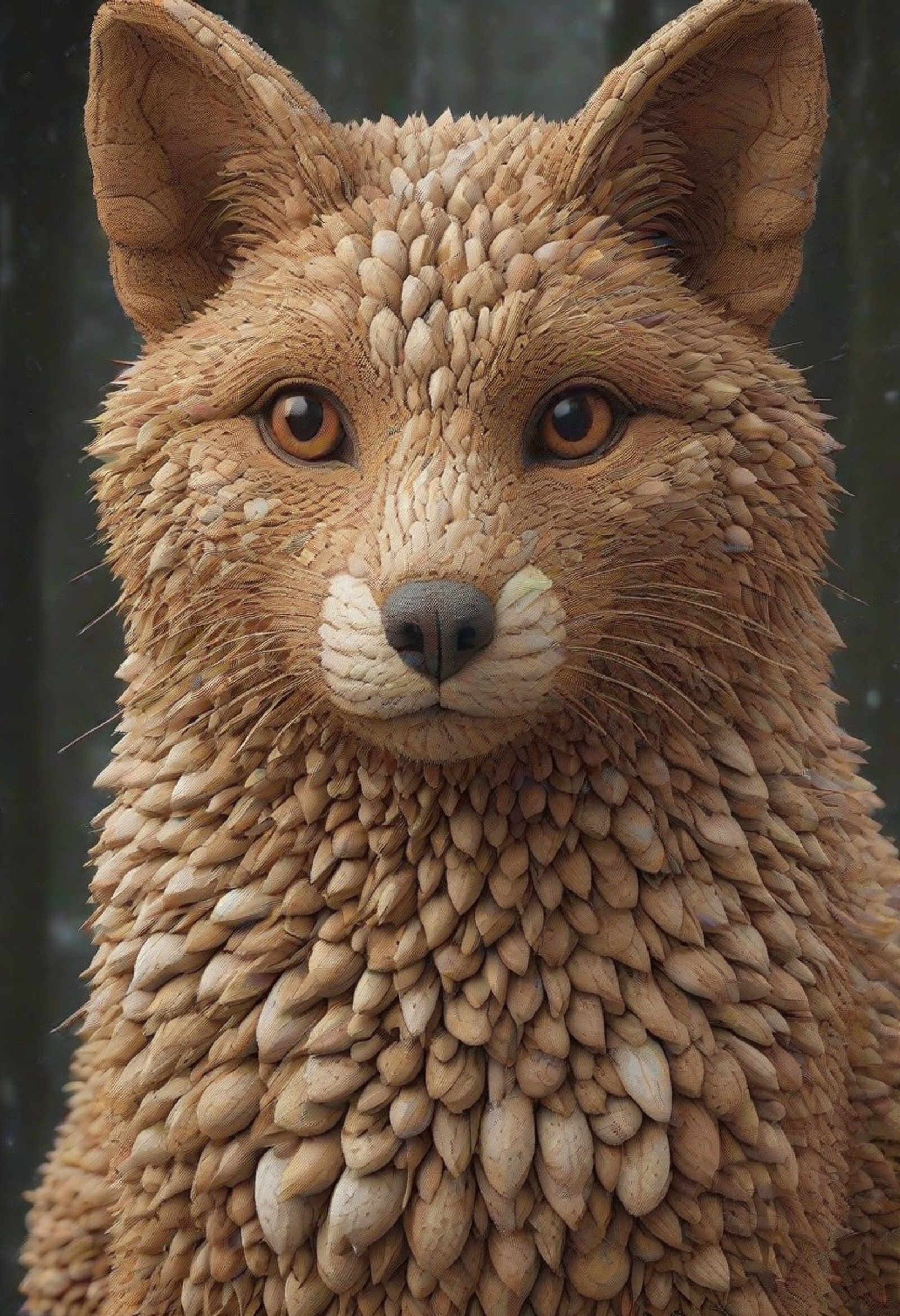 high quality, masterpiece, ultra-high resolution, incredible composition, extremely detailed, <lora:add-detail-xl:0.8>, <lora:NutsNutsStyleXL:0.8>, nutstylesnut,
A hyper-realistic close-up of a fox with its fur intricately formed from common nutsaalmonds, hazelnuts, and walnutsaarranged in a sleek, bushy texture that mimics natural fox fur. The tail is fluffy with cashew pieces, and the eyes are sharp and reflective. The background is a snowy woodland with frosted trees and soft twilight, ultra-detailed, 4K resolution, professional wildlife photography style.