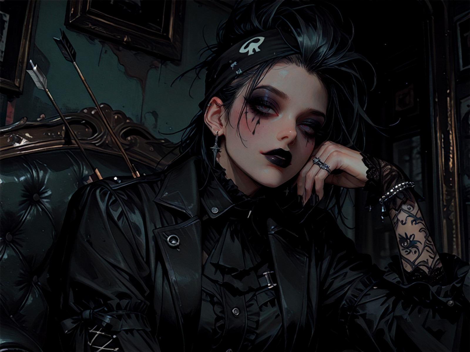 masterpiece, best quality, amazing quality, very aesthetic, high resolution, ultra-detailed, absurdres, newest, 1girl, goth theme, solo,elaborate spiked mohawk hair,(black lipstick, clown makeup, silver jewelry, character centered), punk bandana with pins, ruffled high-collar shirt, military-style breeches, velvet tailcoat with tails, embroidered velvet pumps, lace-up forearm sleeves, , nocking arrow, <lora:Unfazed Dynamic poses:1>