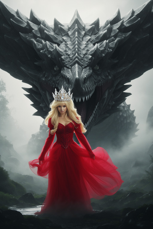 A blonde princesss in a red flowing dress and crystal crown, standing in front of a massive winged forged carbon dragon. Colossal scale, dragon mouth open with sharp teeth. Foggy, mystical landscape. Vertical composition, cinematic lighting.