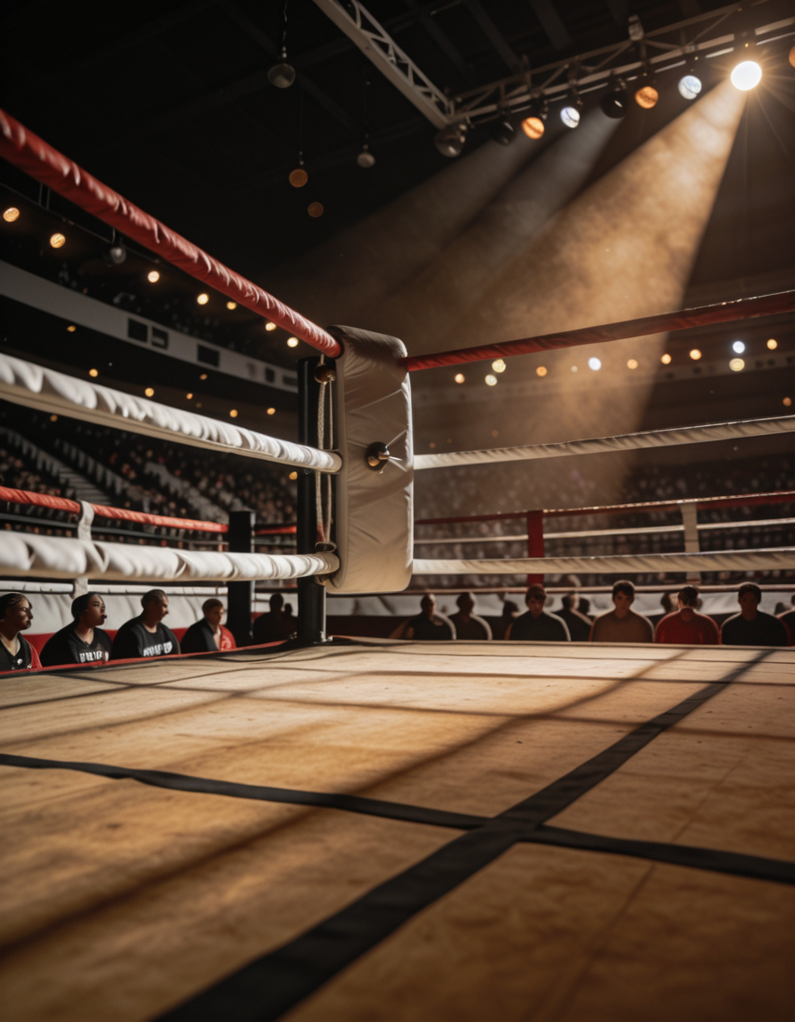 lowered background, boxing ring corner seen from inside the ring, interior view of ring corner, corner post with turnbuckle padding, red and white ropes stretching across the frame, canvas floor in foreground, view looking toward the corner, blurred crowd beyond the ropes, distant stadium seating, spectator silhouettes behind the ropes, overhead arena spotlights, dramatic top-down lighting, atmospheric haze, warm light beams cutting through the air, bokeh lights in the background, shallow depth of field, sports venue atmosphere 
boxing ring c0rn3r  <lora:boxing_ring_c0rn3r-i:1>, Masterpiece,best quality,hi res,8k,(sharp focus, intricate, highly detailed),