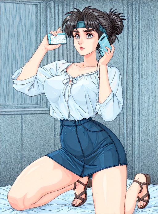 1girl,solo, tomboy, <lora:Retrousse_Breasts_Concept_Illustrious:1> retrousse breasts, pointy breasts, angular breasts, breasts pointing upwards,, messy bedhead with gelled tips hairstyle, thin headband with bow, loose peasant blouse, denim mini skirt, block-heel sandals, subtle winged liner, (raining), scrolling on phone,  <lora:Collector_D_v1:1> pixel art  detailed eyes,  mature face,