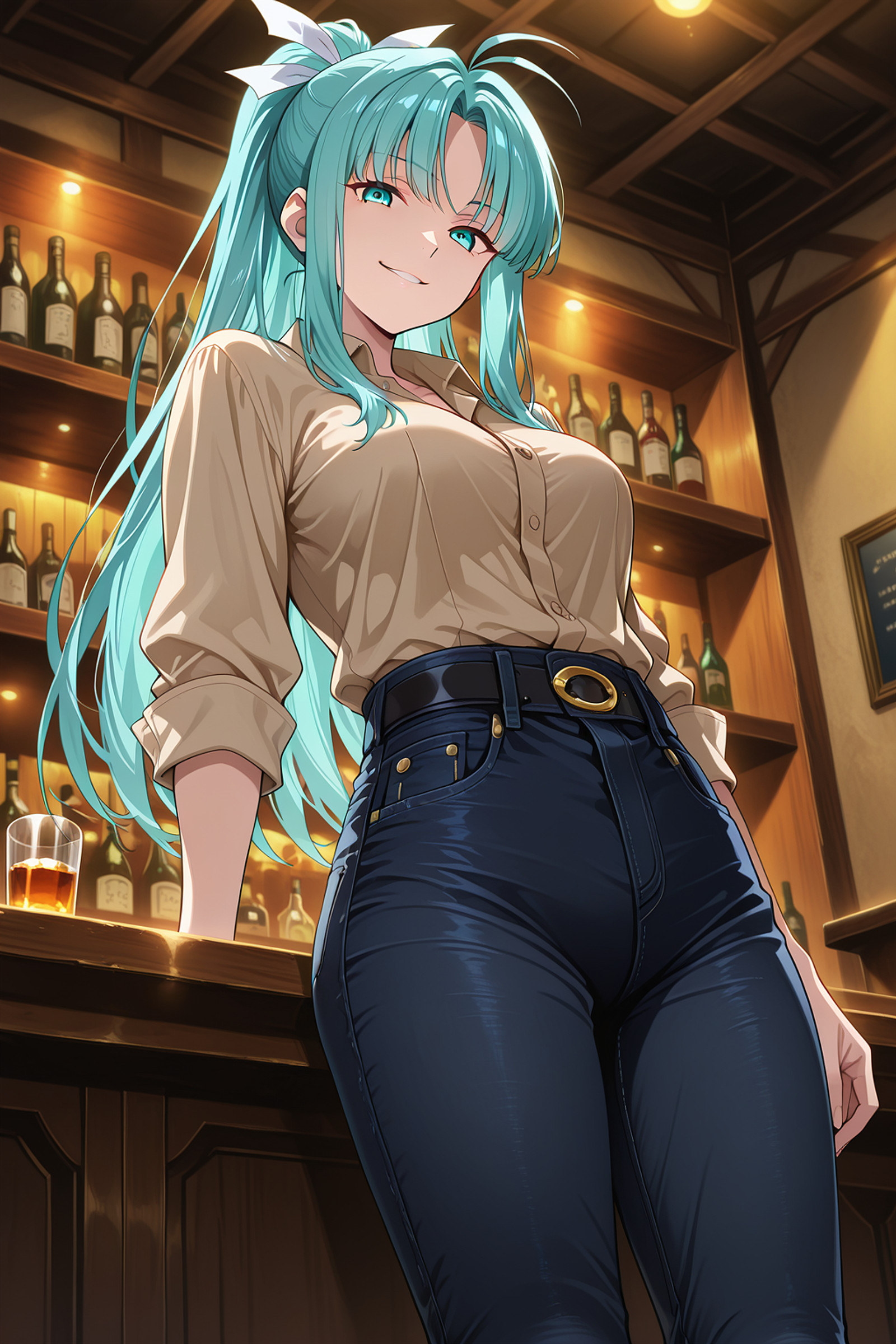 masterpiece, best quality, amazing quality, very aesthetic, absurdres, newest, anime screencap, anime colouring, highres, very detailed, anime, good anatomy, unholy-aesthetic, ultra detailed face,ultra detailed eyes, perfect eyes,

herencia,

night, bar (place), indoors,

1girl, solo,

m1a, aqua hair, parted bang, high ponytail, long hair, antenna hair, sidelocks, aqua eyes, medium breasts,
hair ribbon, white ribbon,

business shirt, beige shirt, black jeans, (low jeans:1.2), black belt, rolled up sleeves,

{
standing|
standing, from below|
standing, hands on hip|
dynamic pose|
standing, bent over, close up|
standing, hands behind head|
standing, bent over, from above|
standing, bent over, from below|
standing, bent over, from above, close up, hands behind head|
standing, bent over, from below, close up, hands behind head|
sitting|
sitting, presenting foot, sole, from below|
from behind, ass|
from behind, ass support
},

sadistic smirk, 

looking at viewer,

addmicrodetails,