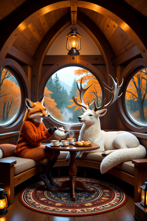 ,  masterpiece, best quality, highres, score_7, score_8, score_9, realistic, safe,
anthro, furry, original characters,
(wide interior shot:1.3), full scene visible, entire treehouse interior, both characters fully visible, no cropping,
(female fox anthro:1.3), fox ears, fox tail, russet orange fur, bright green eyes, knitted autumn sweater,
seated on cushioned bench, pouring tea, upper body visible,
(white stag lying down comfortably:1.3), legs tucked beneath body, full body visible, head raised toward table, large elegant antlers,
both relaxed and comfortable, sharing tea together,
(steaming tea being poured:1.2), ceramic teapot, mismatched teacups, autumn pastries on small round table,
cozy treehouse interior, low wooden arched ceiling, round porthole windows,
rain pattering on windows, autumn forest outside, orange autumn trees,
hanging lantern above, small oil lantern on side,
(warm golden lantern light inside:1.3), cozy amber glow, warm interior,
deep orange autumn tones outside, contrast warm inside cold rainy outside,
patterned round rug on floor, wooden furniture,
detailed fur and textures, realistic textures, sharp focus,
depth of field, volumetric warm light, wonderfully cozy autumn atmosphere.
A russet fox woman in a knitted orange sweater pours tea at a small round table while a magnificent white stag lies comfortably on the treehouse floor beside her, his full body relaxed and his large antlers nearly touching the wooden ceiling, autumn rain falling outside the round windows.,