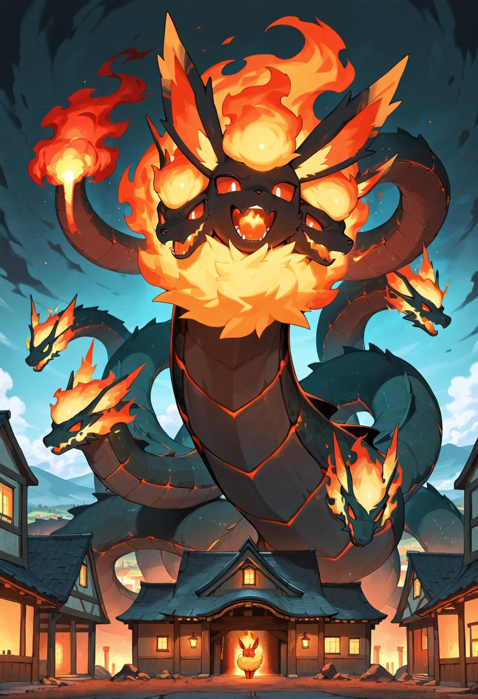 1hydra, giant hydra creature, towering over a small rural village, breathing fire, instead of normal hydra heads each of its heads is a Flareon head, 7 headed hydra with Flareon heads, breathing fire on village huts

masterpiece, best quality, amazing quality, masterwork, cinematic light, harsh shadows, light and shadows, perfect composition