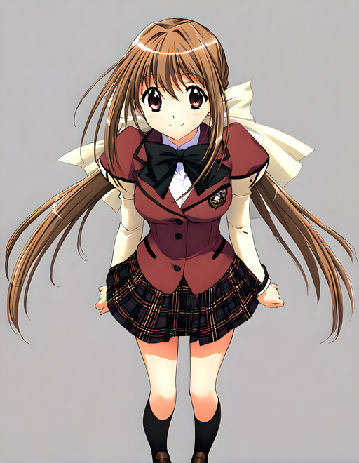 <lora:illustrious_XL_mara & tamaki_h13a:0.9>,tamaki,masterpiece,best quality,good quality,1girl,solo,school_uniform,puffy_long_sleeves,bow,plaid skirt,black kneehighs,loafers,standing,smile,white_background,full body,