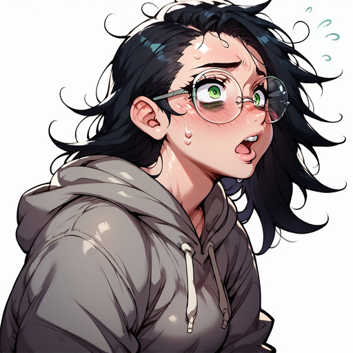 2D, saxwakuystyle, score_9, score_8_up, score_7_up, score_6_up, score_5_up, score_4_up, high detail, high contrast, amazing quality, Dynamic lighting, 1girl, NEET girl, futanari, solo, black hair, long hair, messy hair, unkempt hair, green eyes, bags under eyes, round glasses, gray hoodie, hoodie down, portrait, horny, surprise face, blushing, sweatting, open mouth, white background,