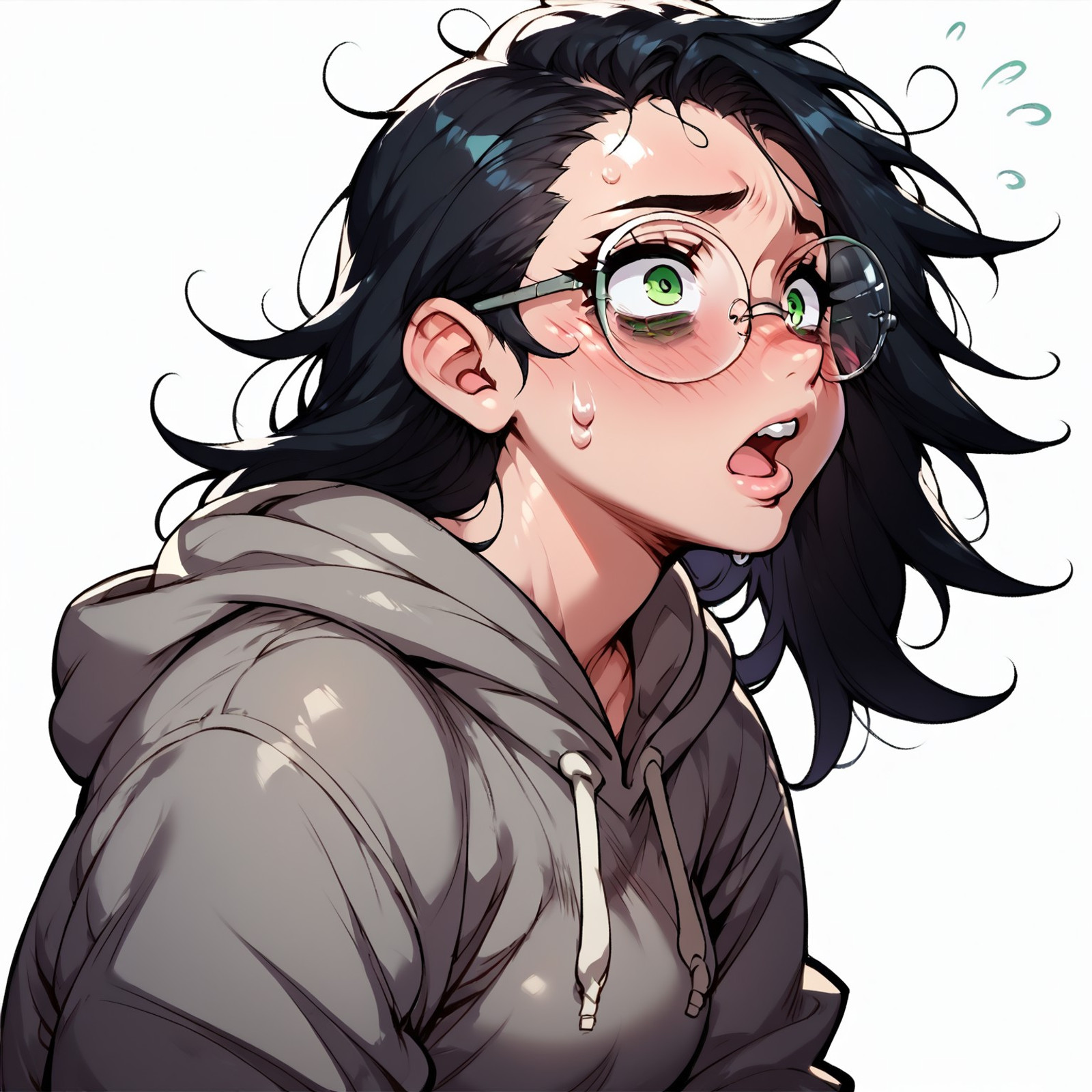 2D, saxwakuystyle, score_9, score_8_up, score_7_up, score_6_up, score_5_up, score_4_up, high detail, high contrast, amazing quality, Dynamic lighting, 1girl, NEET girl, futanari, solo, black hair, long hair, messy hair, unkempt hair, green eyes, bags under eyes, round glasses, gray hoodie, hoodie down, portrait, horny, surprise face, blushing, sweatting, open mouth, white background,